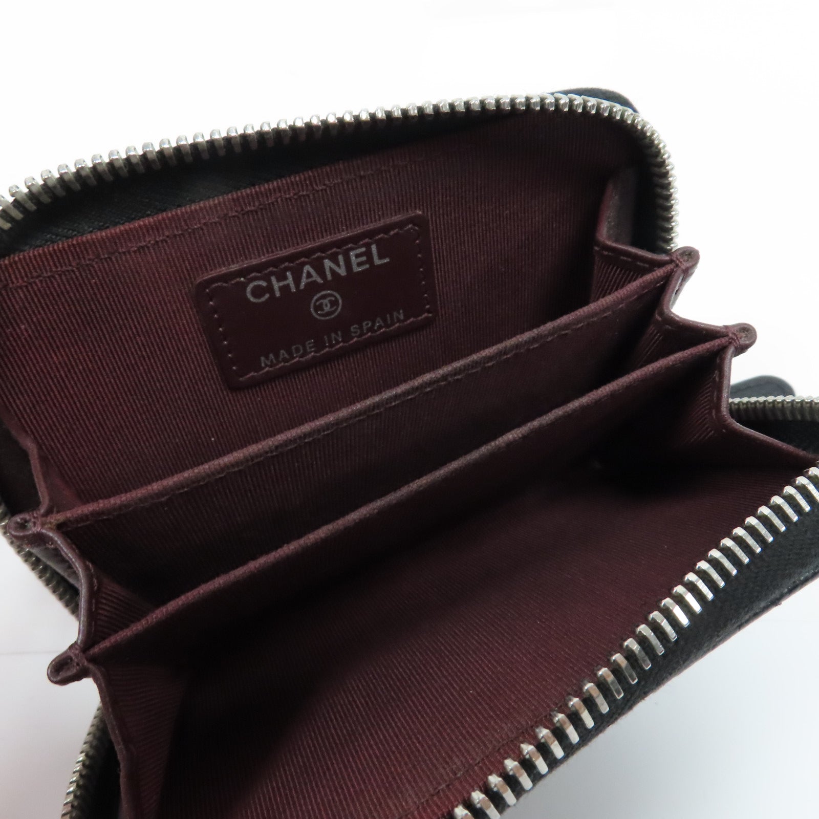 CHANEL 菱格牛皮皮革Coin Case銀扣零錢包黑色