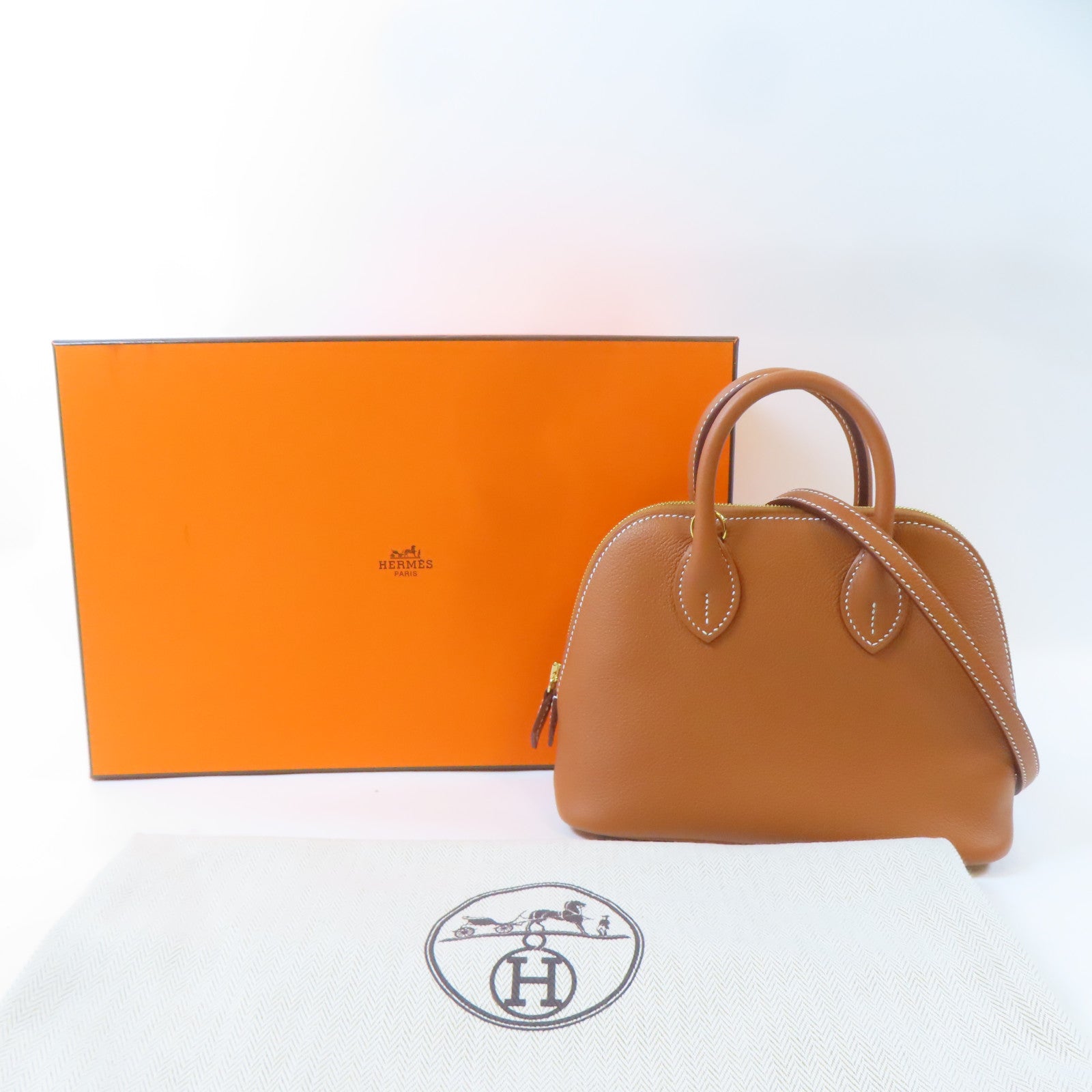 HERMES Evercolor皮革Mini Bolide金扣手挽肩背兩用袋Gold/駝色