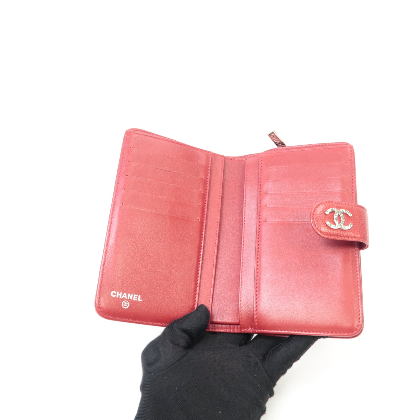 CHANEL 【激減優惠】Caviar皮革Wallet銀扣錢包紅色