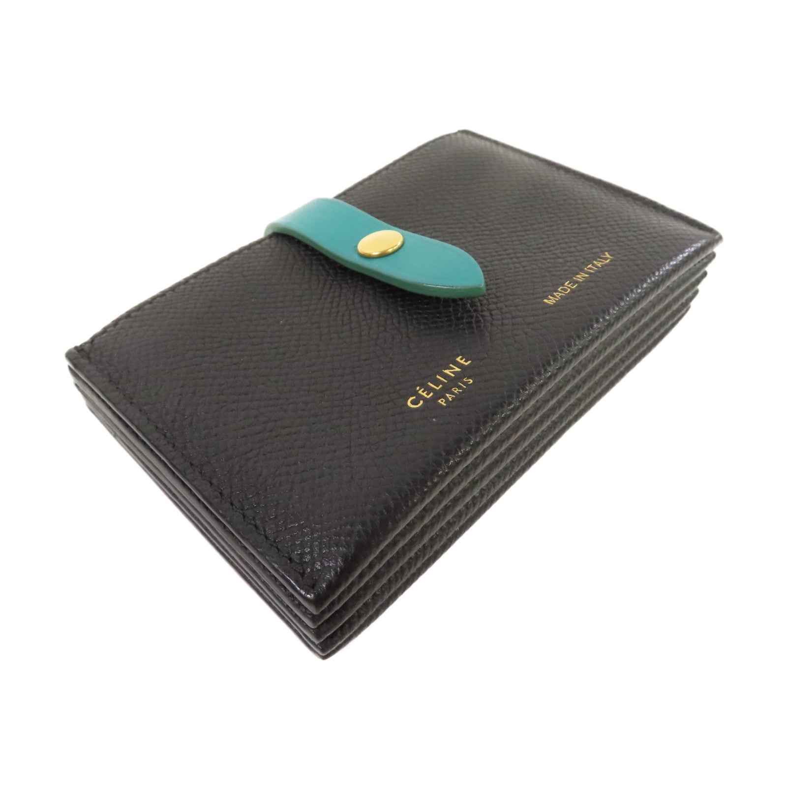 CELINE 牛皮皮革Card Holder金扣卡片套黑色/綠色