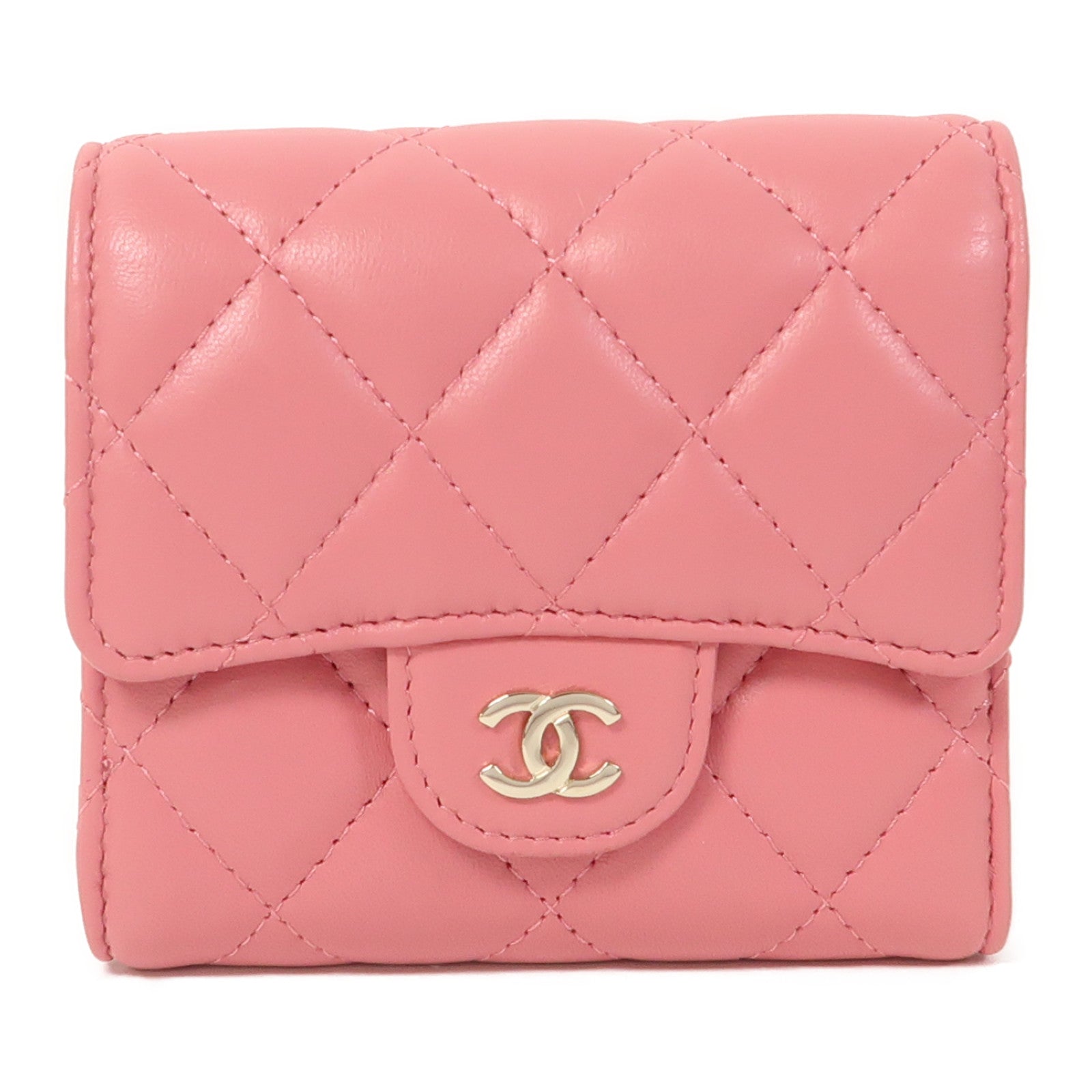 CHANEL 【激減優惠】菱格菱羊皮皮革Wallet金扣三摺錢包粉紅色
