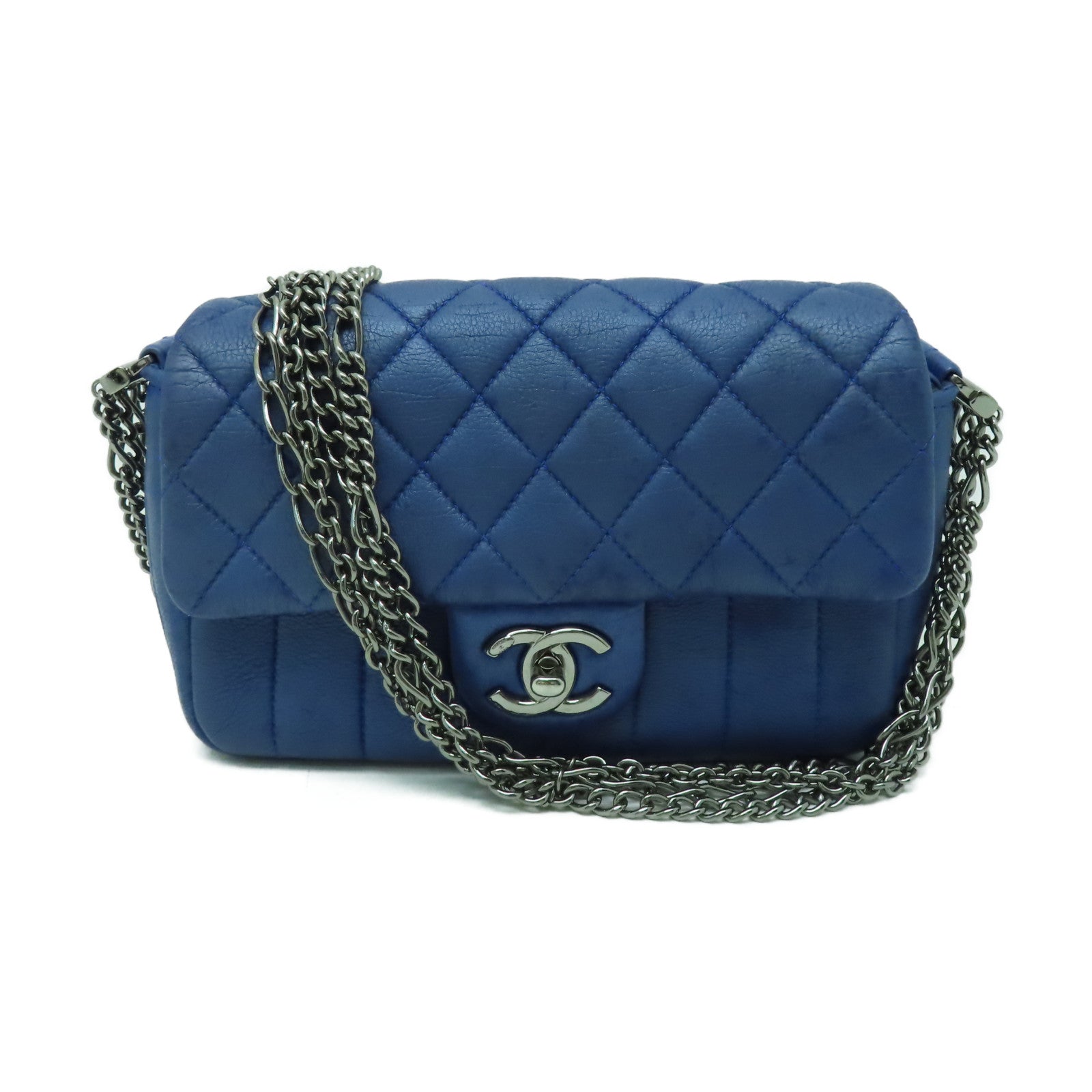CHANEL 【激減優惠】菱格牛皮皮革Chain Shoulder銀扣鏈帶肩背袋藍色