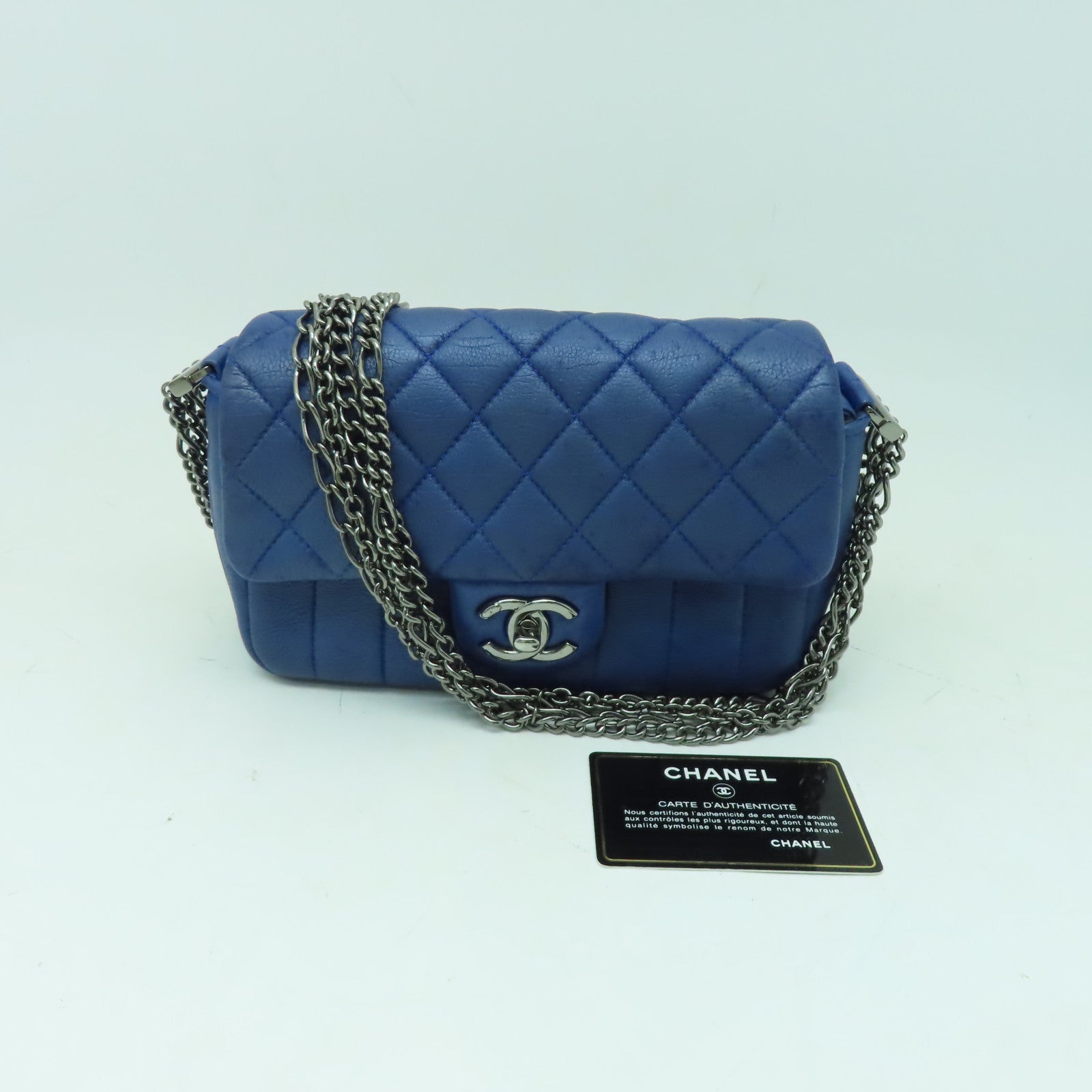 CHANEL 【激減優惠】菱格牛皮皮革Chain Shoulder銀扣鏈帶肩背袋藍色