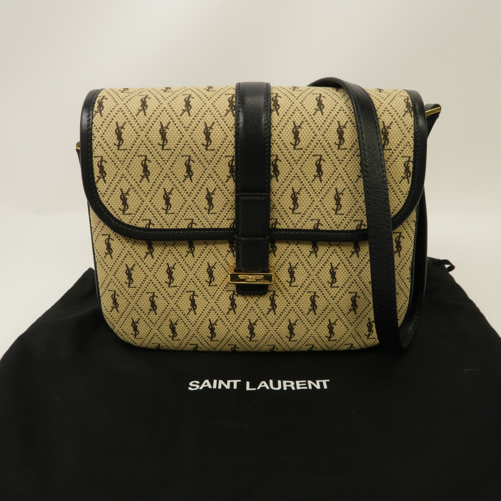 SAINT LAURENT 帆布/牛皮皮革Le Monogramme Shoulder Bag金扣肩背袋米色