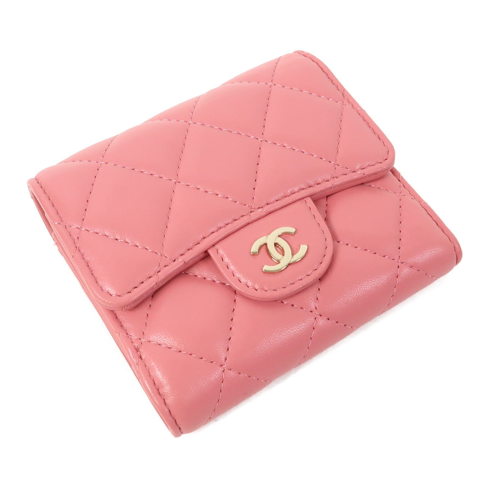 CHANEL 【激減優惠】菱格菱羊皮皮革Wallet金扣三摺錢包粉紅色
