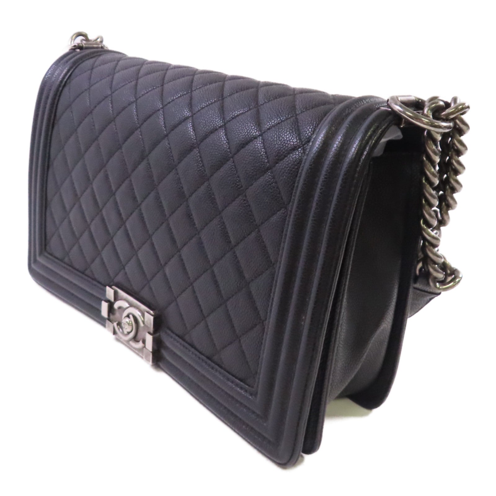 CHANEL 菱格Caviar皮革Boy Chanel Large銀扣鏈帶肩背袋黑色