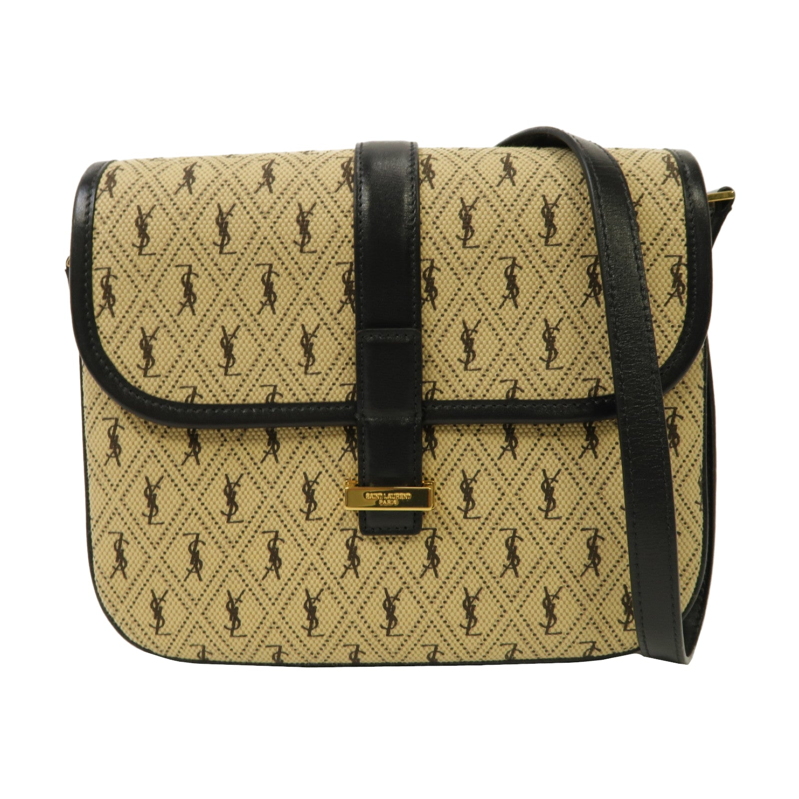 SAINT LAURENT 帆布/牛皮皮革Le Monogramme Shoulder Bag金扣肩背袋米色