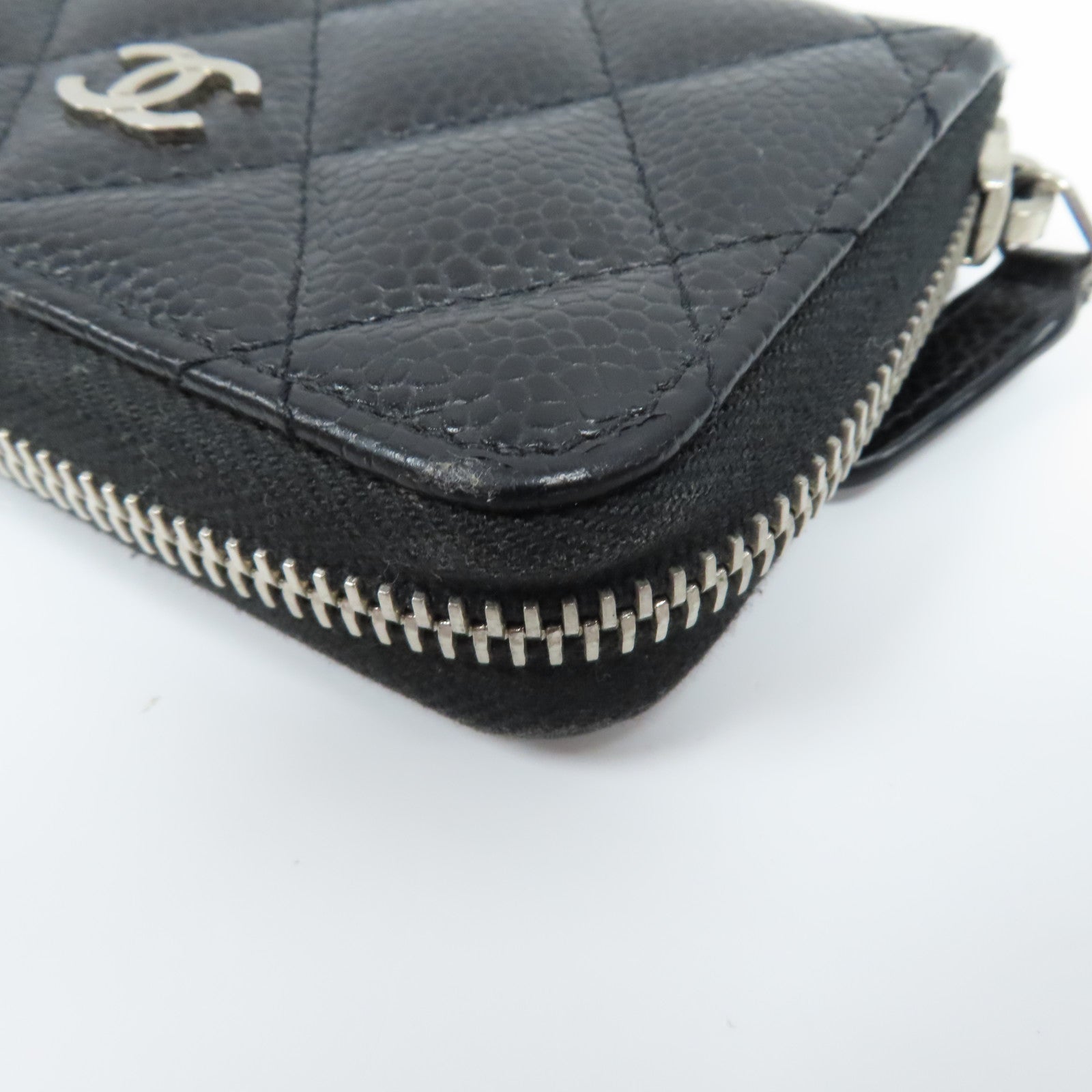 CHANEL 菱格牛皮皮革Coin Case銀扣零錢包黑色