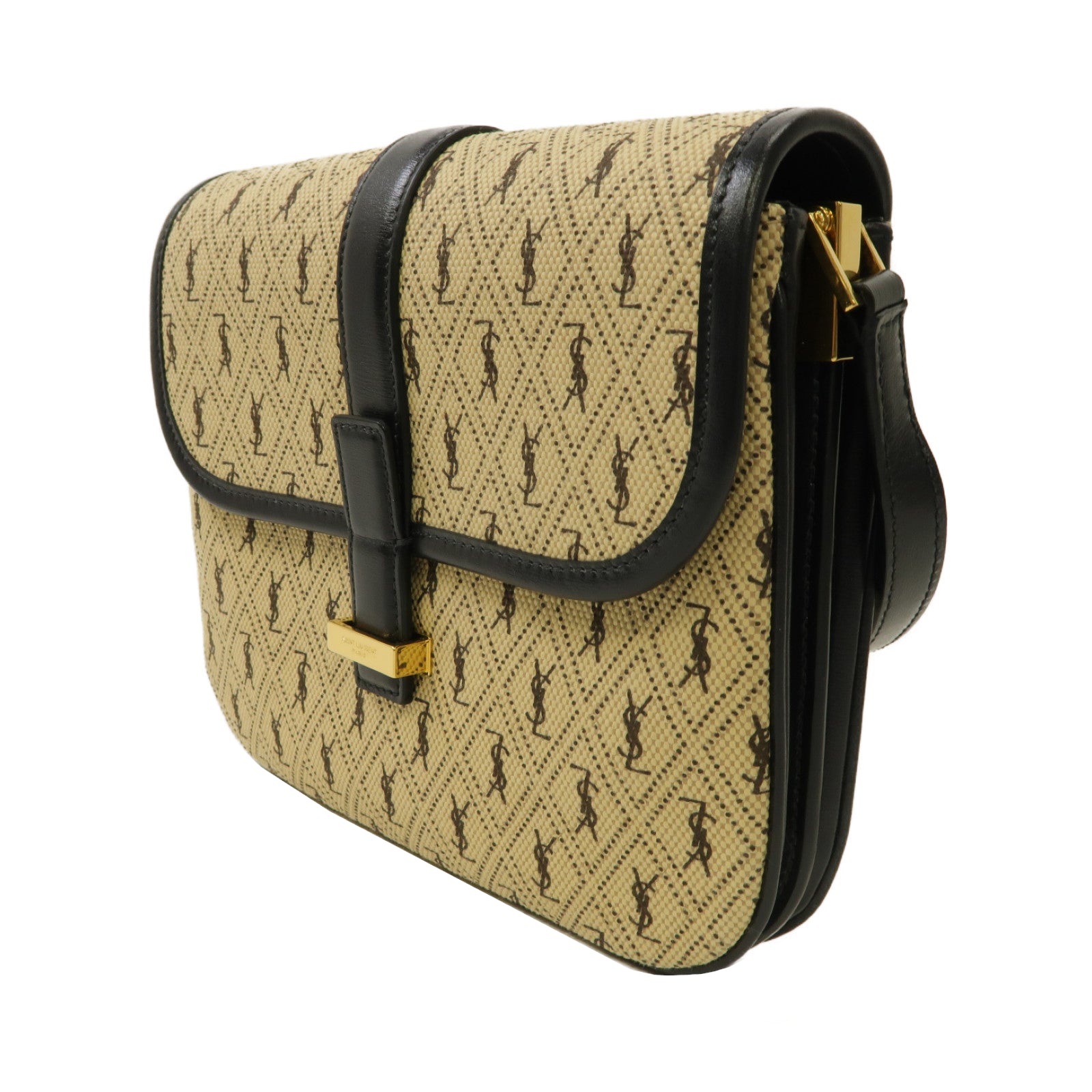 SAINT LAURENT 帆布/牛皮皮革Le Monogramme Shoulder Bag金扣肩背袋米色