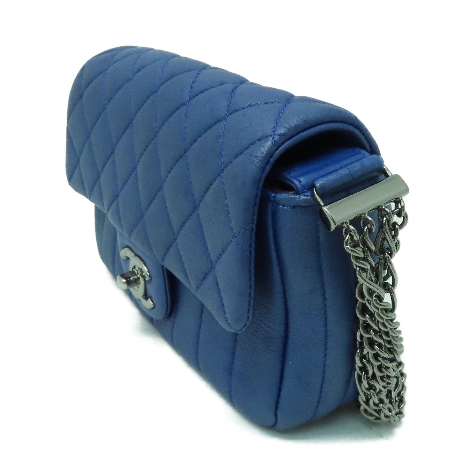 CHANEL 【激減優惠】菱格牛皮皮革Chain Shoulder銀扣鏈帶肩背袋藍色