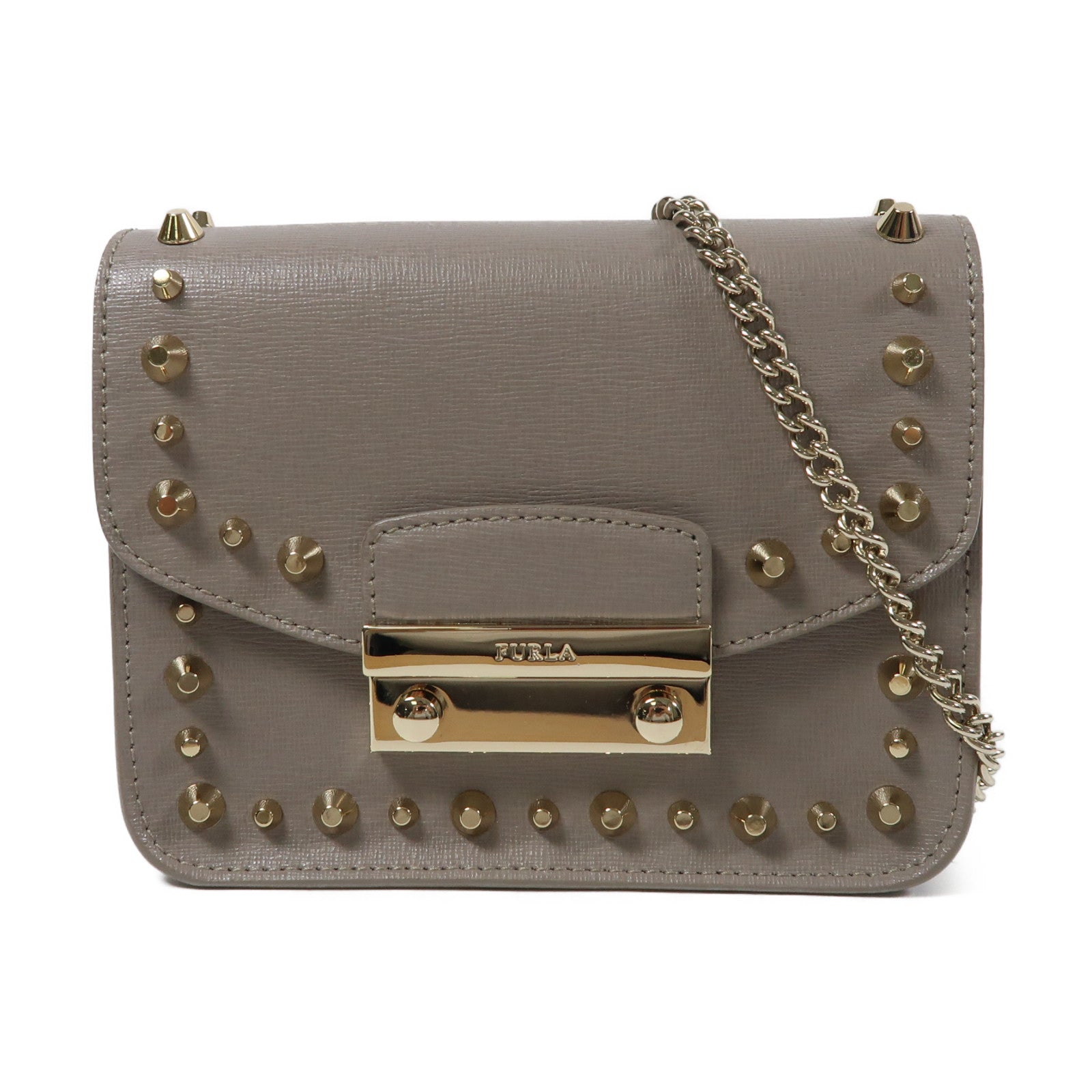 Furla 牛皮皮革Chain Shoulder金扣鏈帶肩背袋灰色