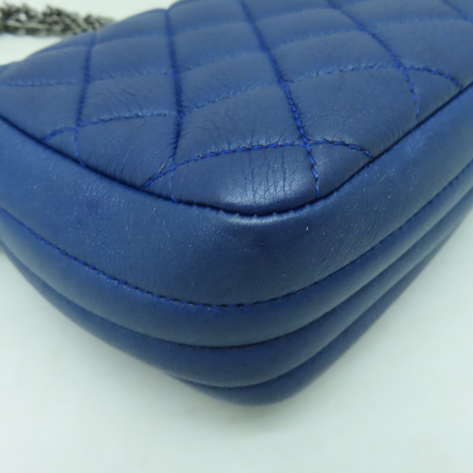 CHANEL 【激減優惠】菱格牛皮皮革Chain Shoulder銀扣鏈帶肩背袋藍色