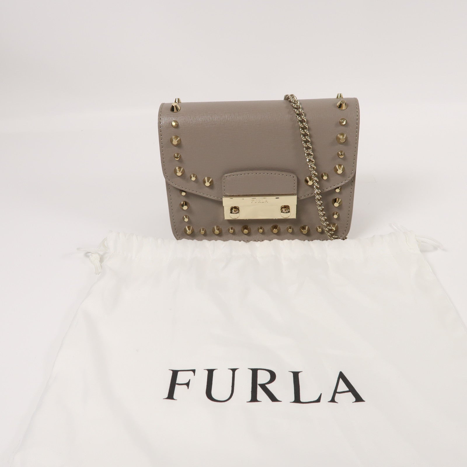 Furla 牛皮皮革Chain Shoulder金扣鏈帶肩背袋灰色