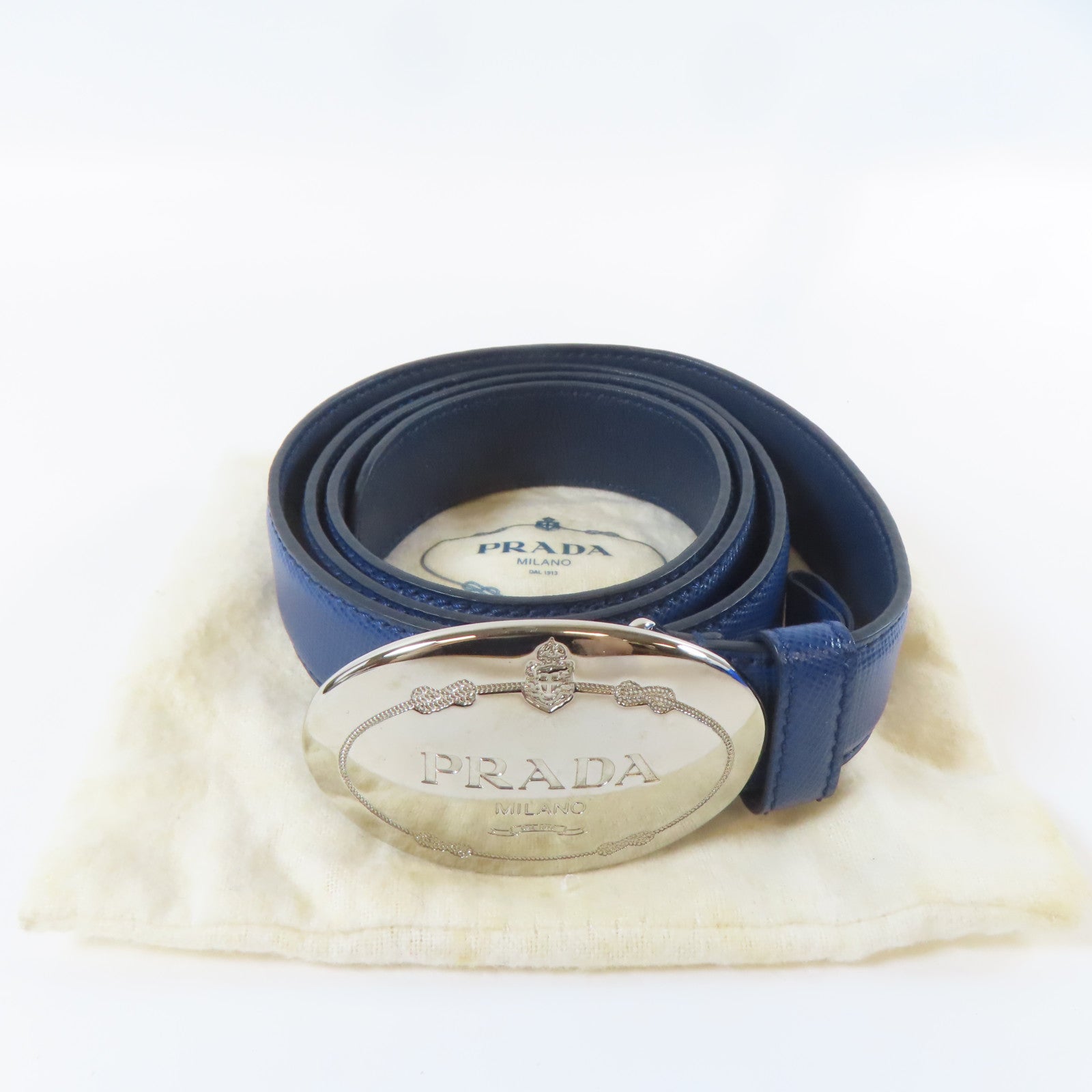 PRADA 【激減優惠】牛皮皮革Belt銀扣皮帶藍色