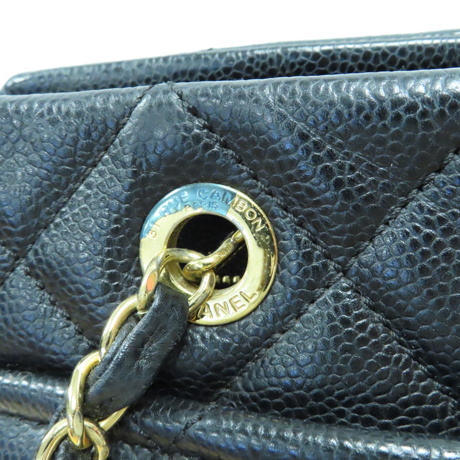 CHANEL 菱格Caviar皮革Tote Bag金扣鏈帶肩背袋黑色