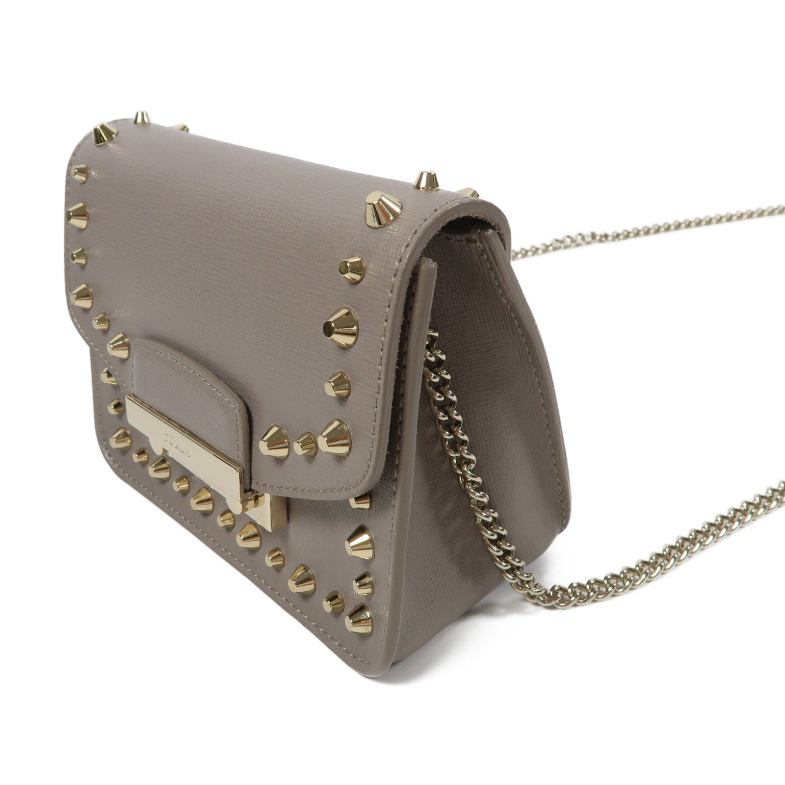 Furla 牛皮皮革Chain Shoulder金扣鏈帶肩背袋灰色