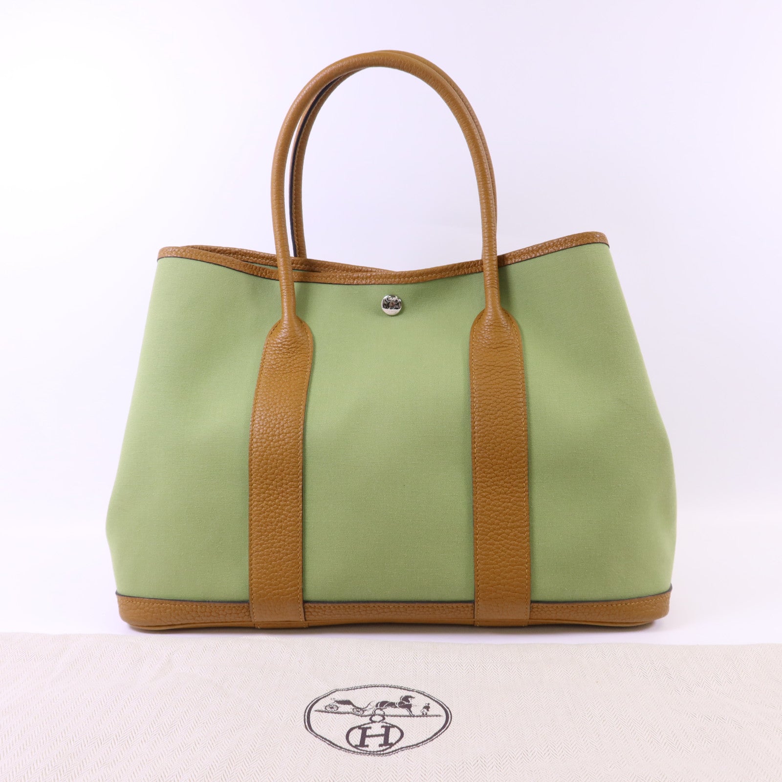 HERMES Negonda皮革/帆布Garden Party PM銀扣手挽袋Vert Criquet/Ocre