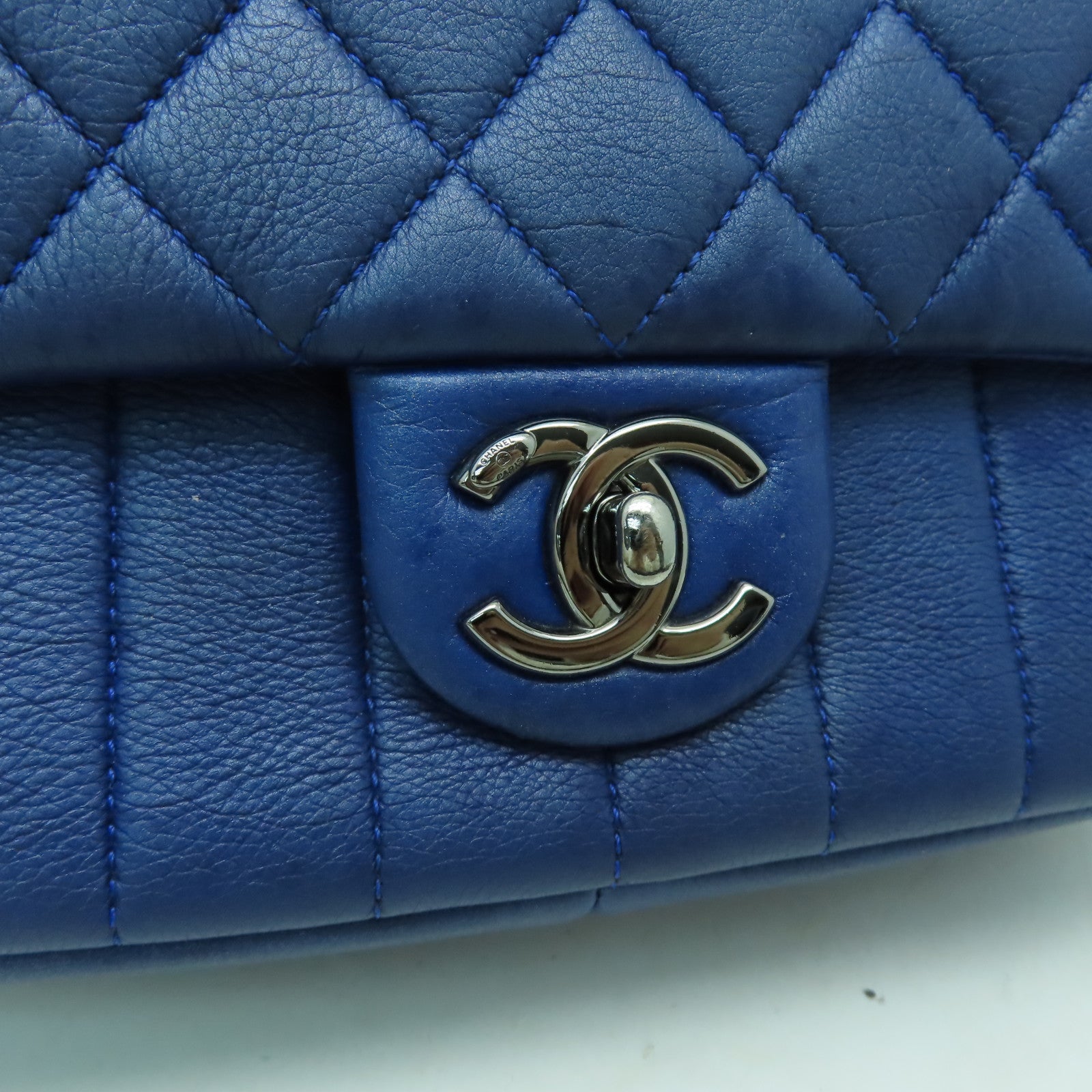 CHANEL 【激減優惠】菱格牛皮皮革Chain Shoulder銀扣鏈帶肩背袋藍色