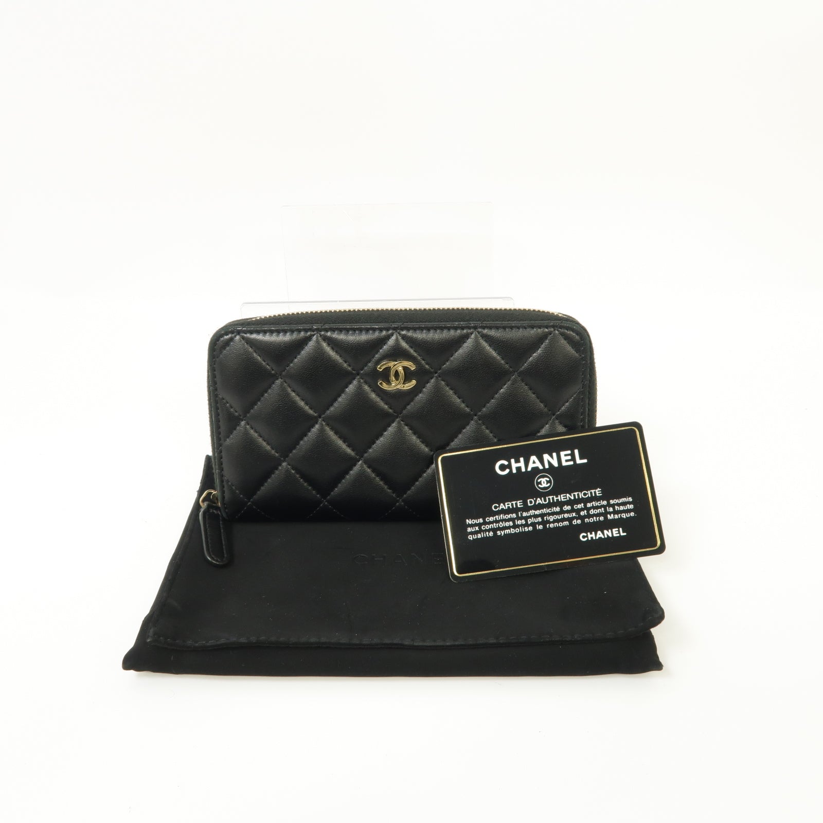 CHANEL 菱格羊皮皮革Medium Zipped Wallet金扣中長錢包黑色