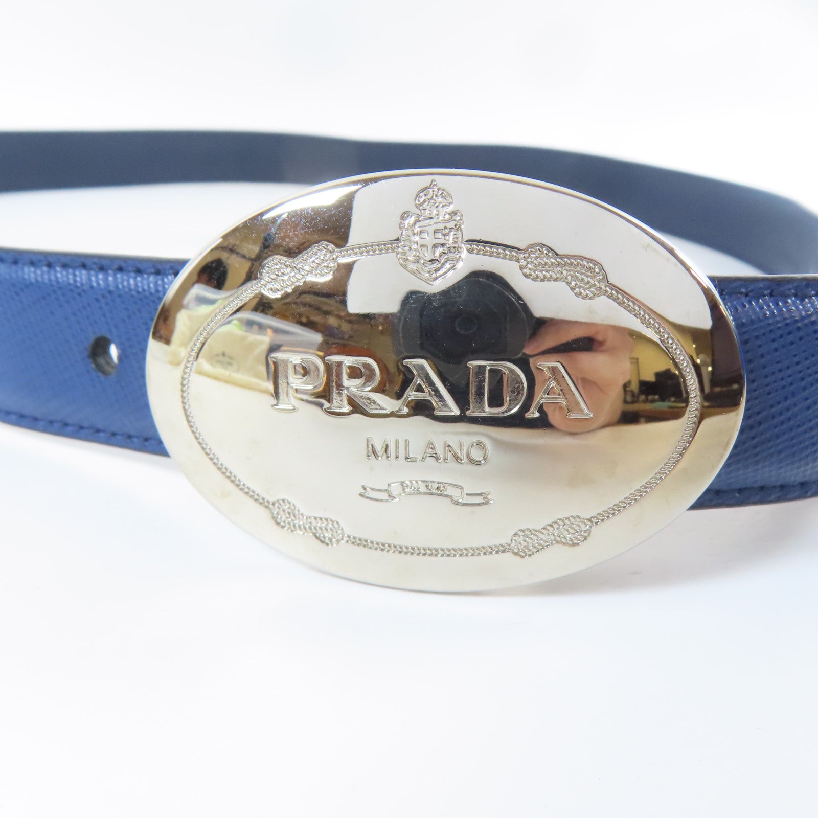 PRADA 【激減優惠】牛皮皮革Belt銀扣皮帶藍色