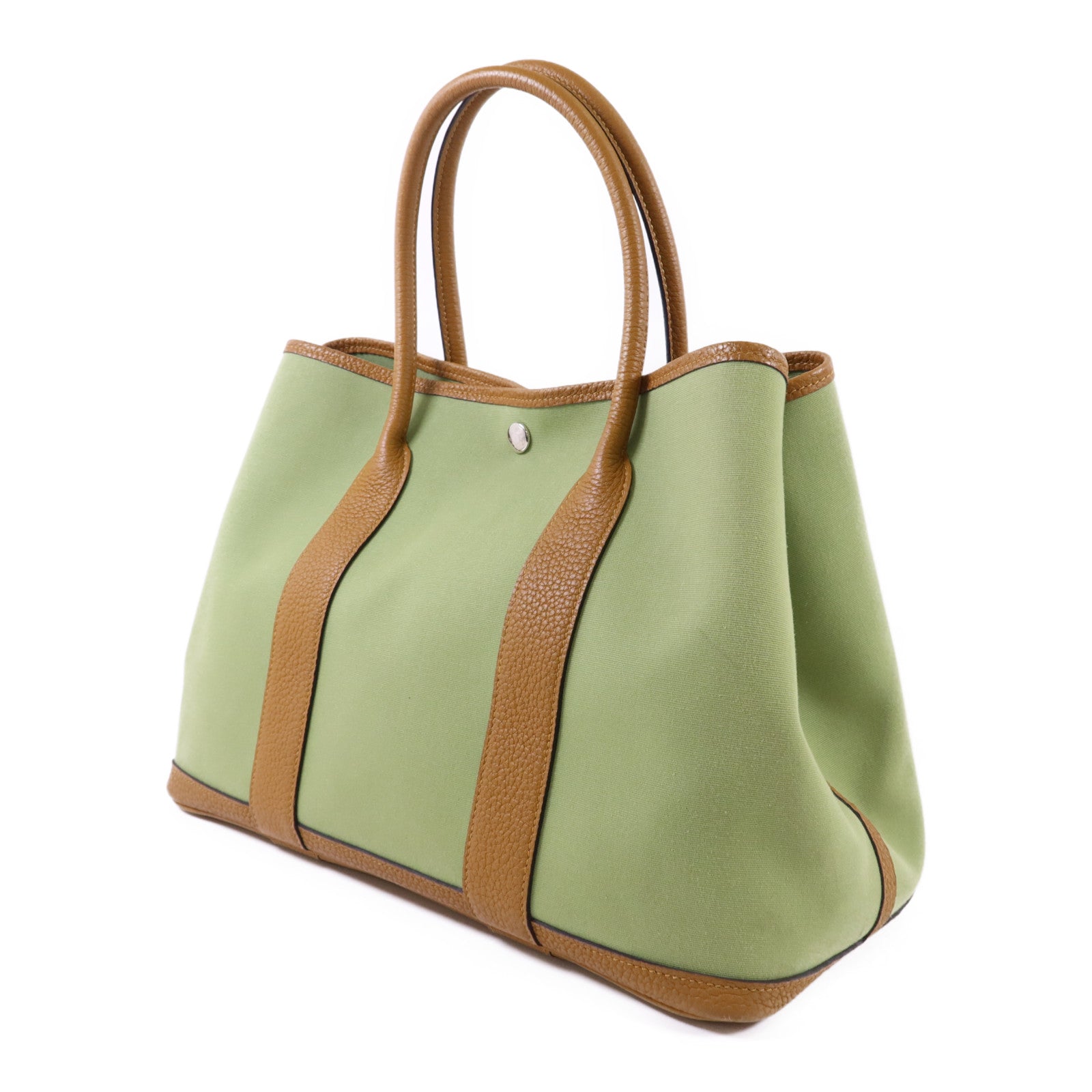 HERMES Negonda皮革/帆布Garden Party PM銀扣手挽袋Vert Criquet/Ocre