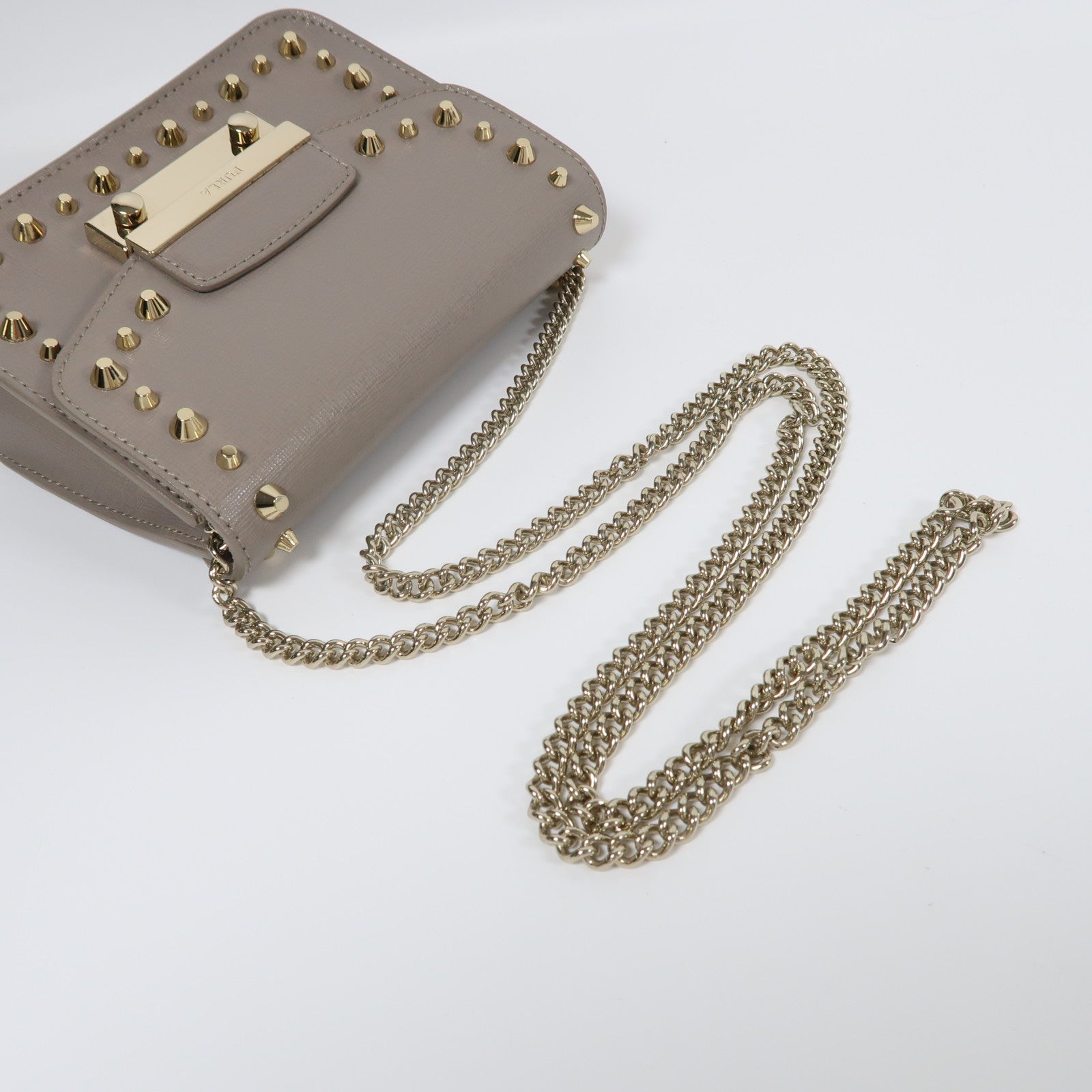 Furla 牛皮皮革Chain Shoulder金扣鏈帶肩背袋灰色