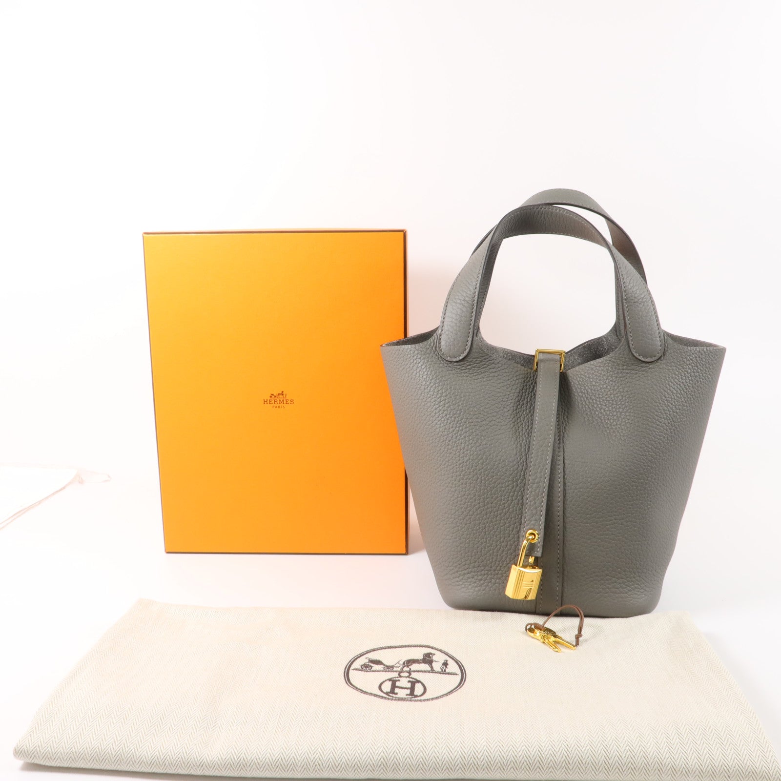 HERMES Clemence皮革Picotin PM手挽袋Gris Meyer