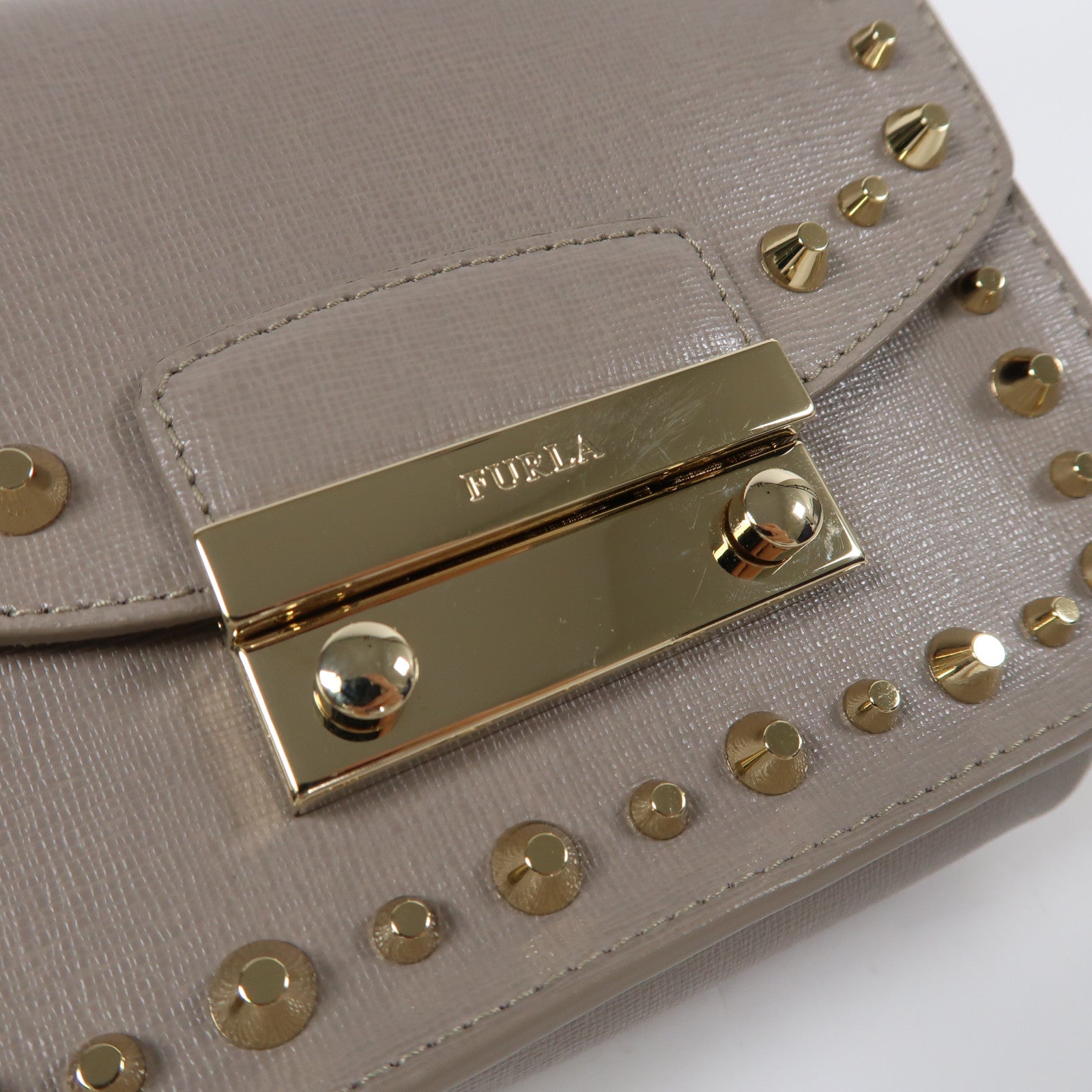 Furla 牛皮皮革Chain Shoulder金扣鏈帶肩背袋灰色