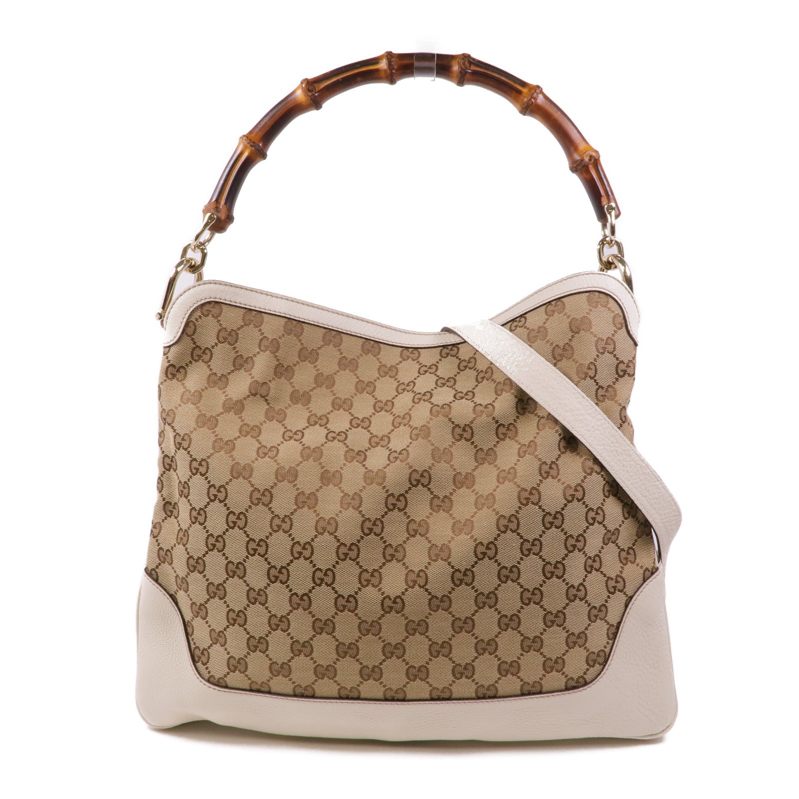 GUCCI 帆布/皮革Diana Bamboo GG Canvas金扣手挽肩背兩用袋