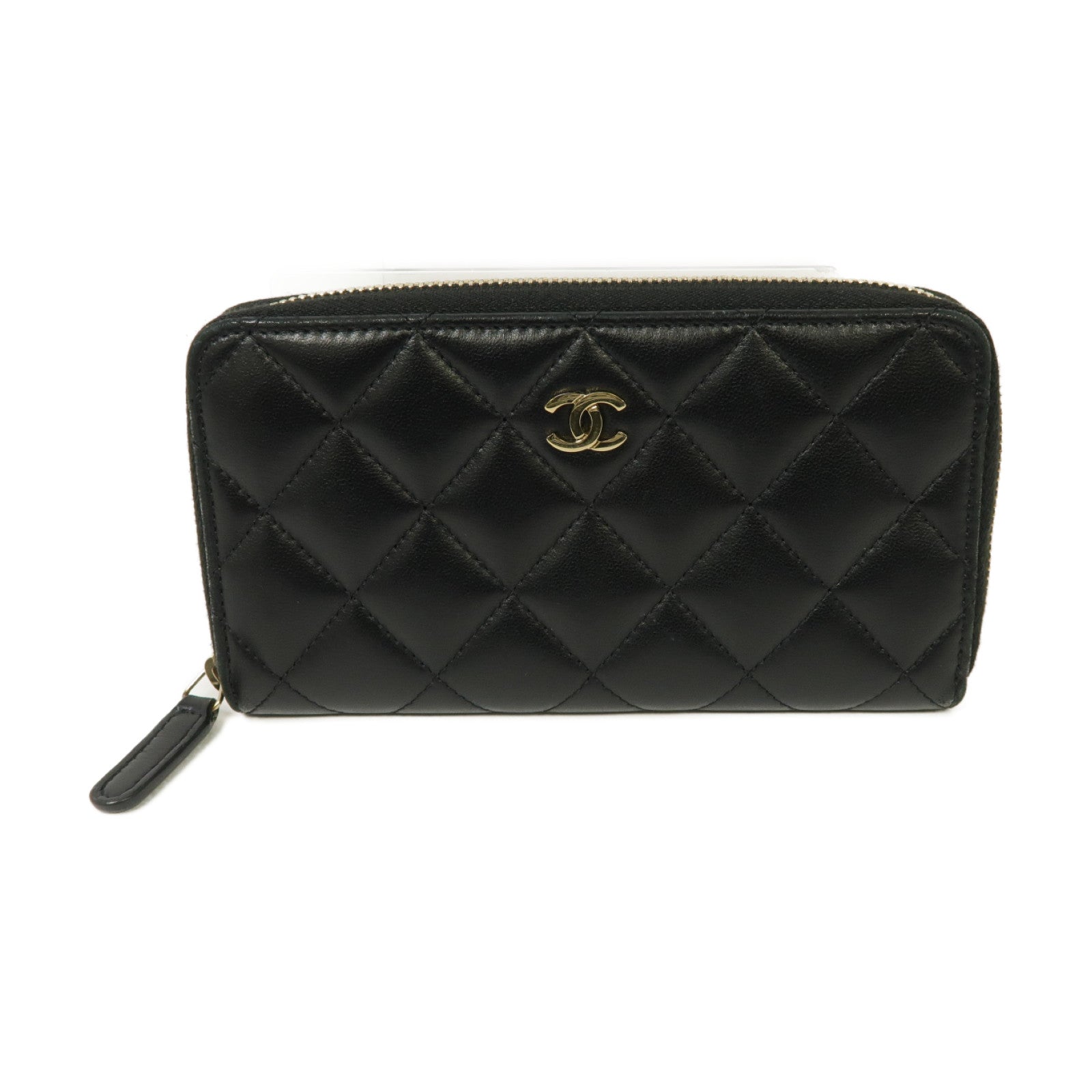 CHANEL 菱格羊皮皮革Medium Zipped Wallet金扣中長錢包黑色