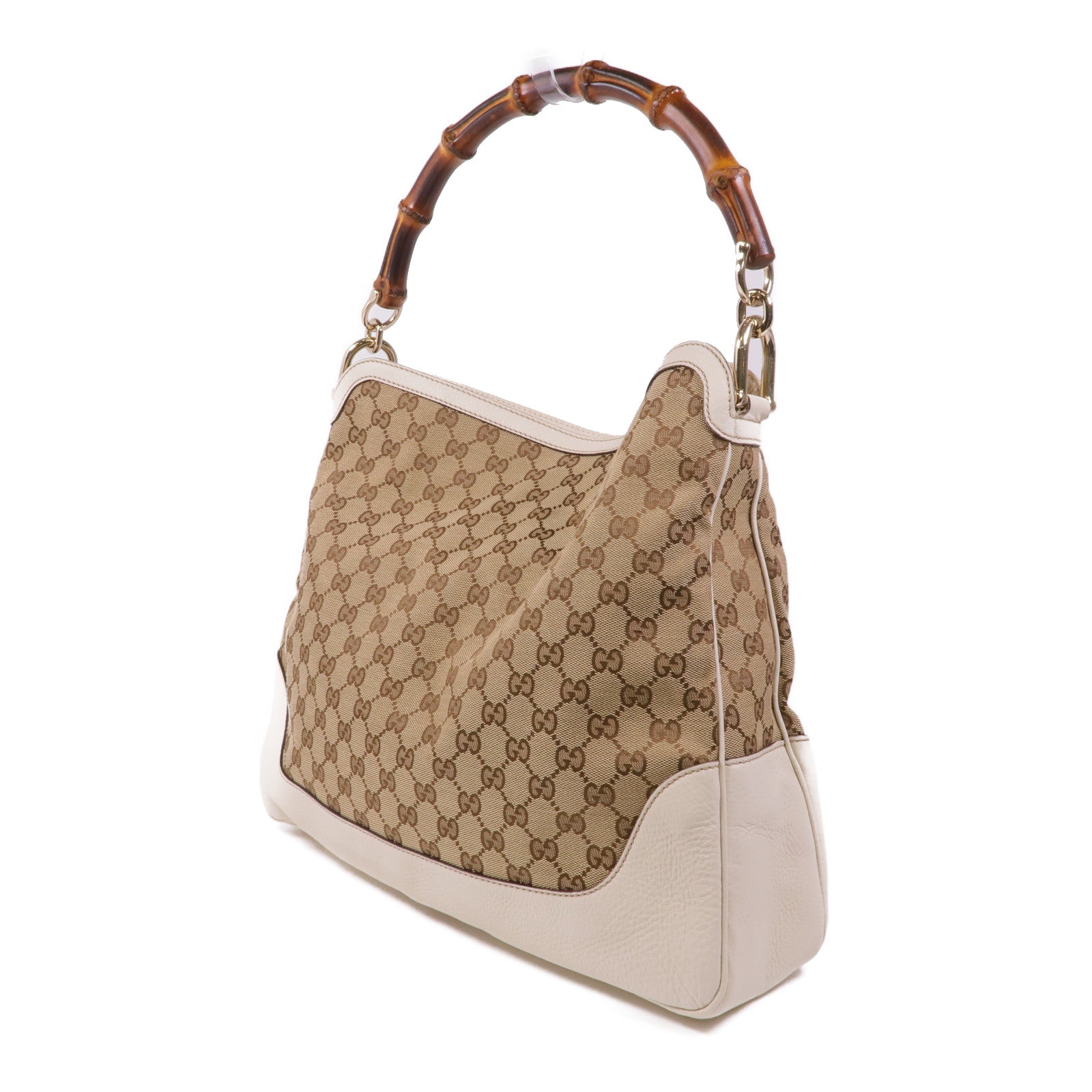 GUCCI 帆布/皮革Diana Bamboo GG Canvas金扣手挽肩背兩用袋