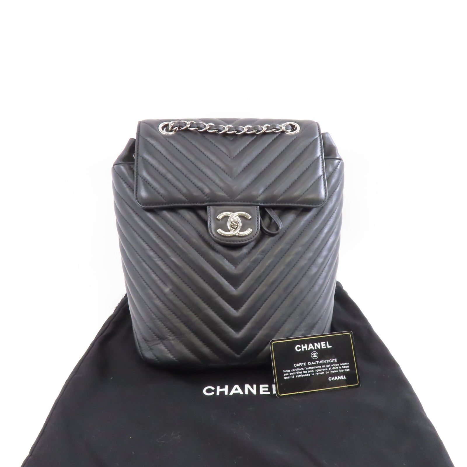 CHANEL 斜紋牛皮皮革Backpack銀扣背包