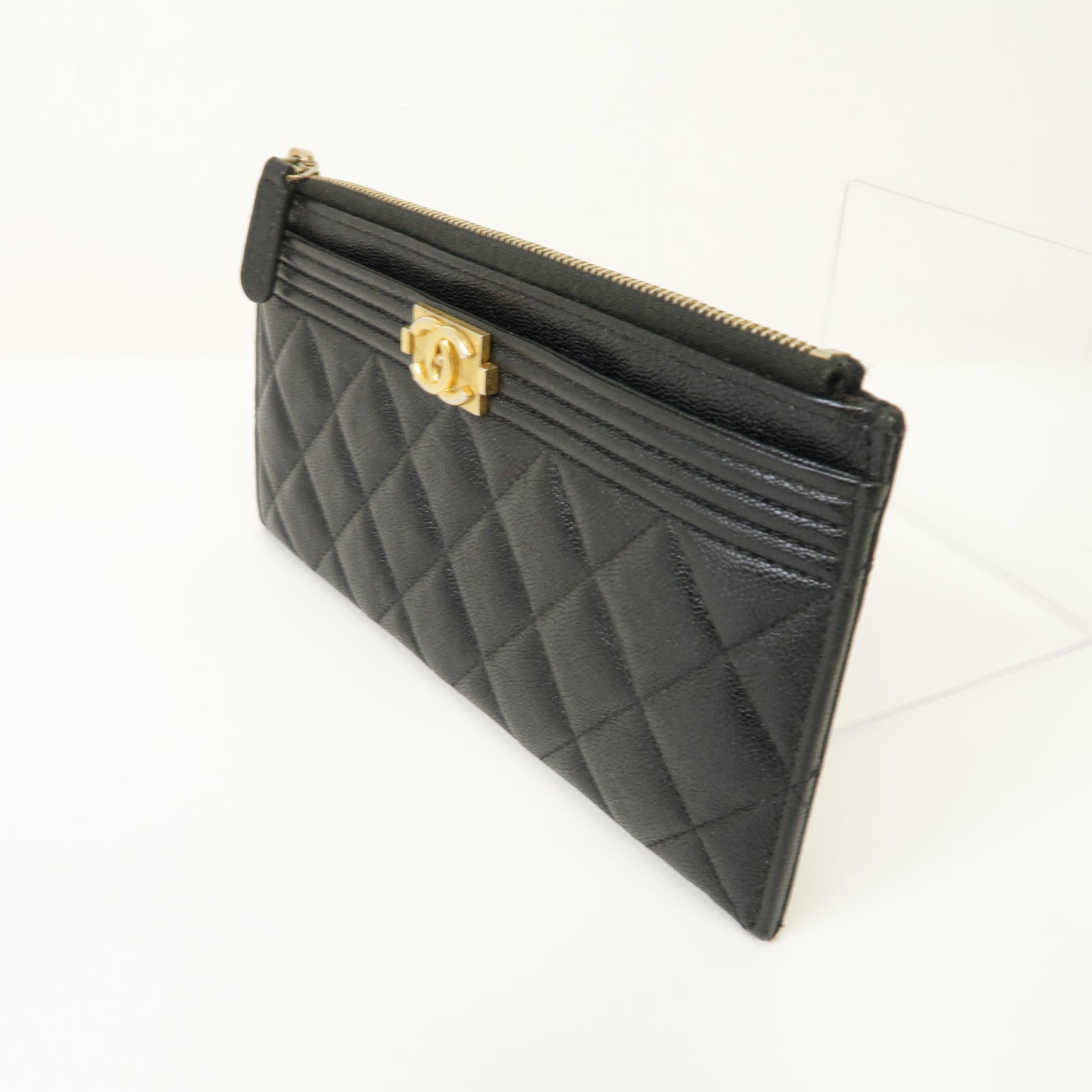 CHANEL Caviar皮革Boy Clutch Bag金扣手拿包黒色