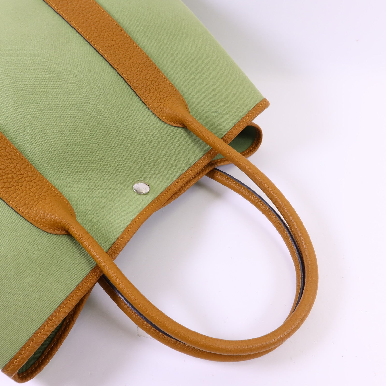 HERMES Negonda皮革/帆布Garden Party PM銀扣手挽袋Vert Criquet/Ocre