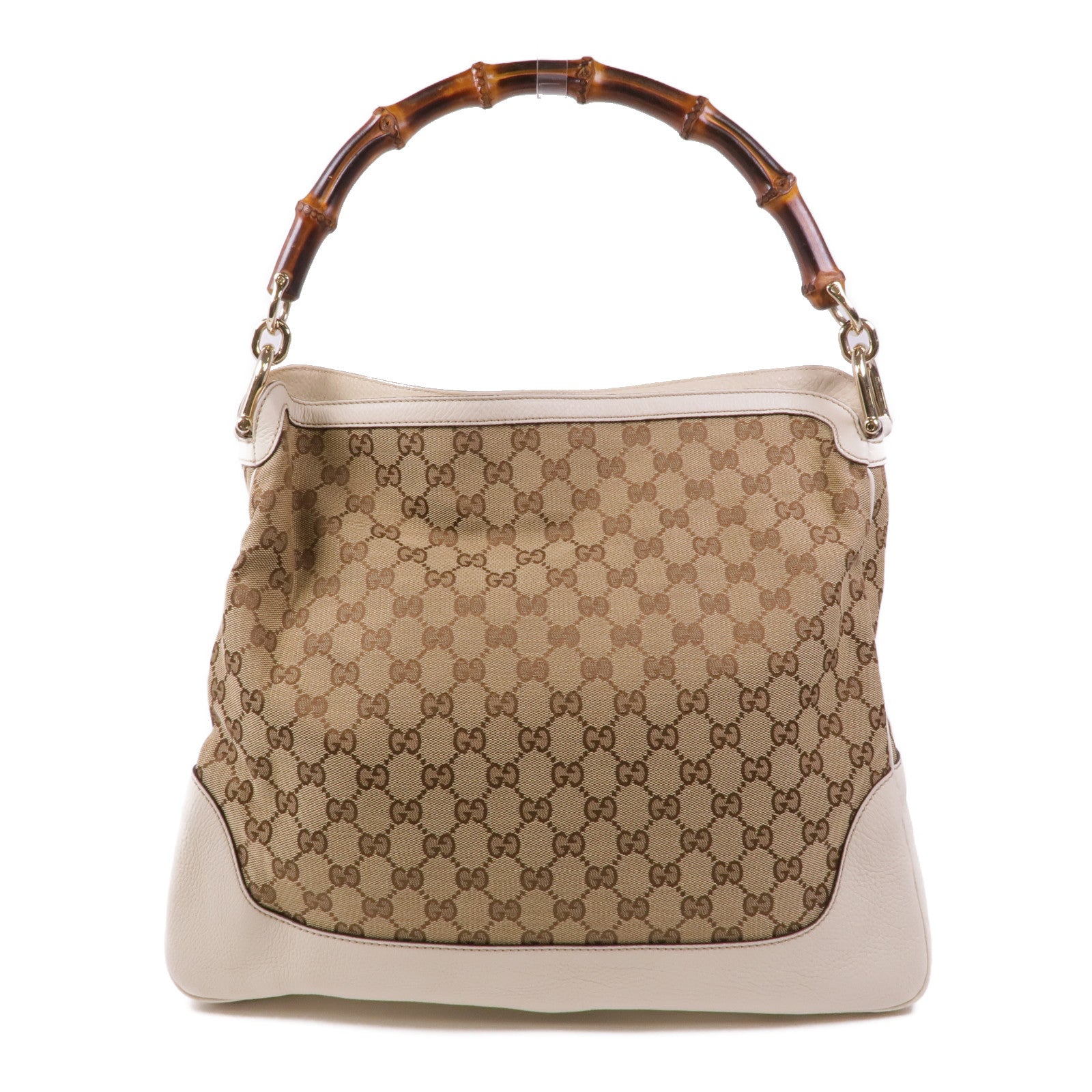 GUCCI 帆布/皮革Diana Bamboo GG Canvas金扣手挽肩背兩用袋