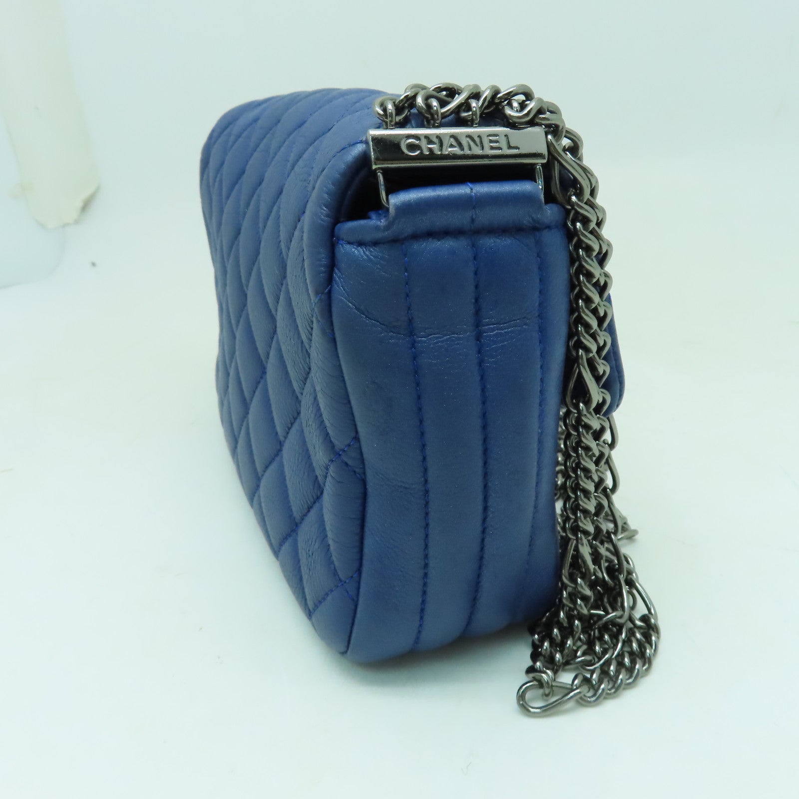 CHANEL 【激減優惠】菱格牛皮皮革Chain Shoulder銀扣鏈帶肩背袋藍色