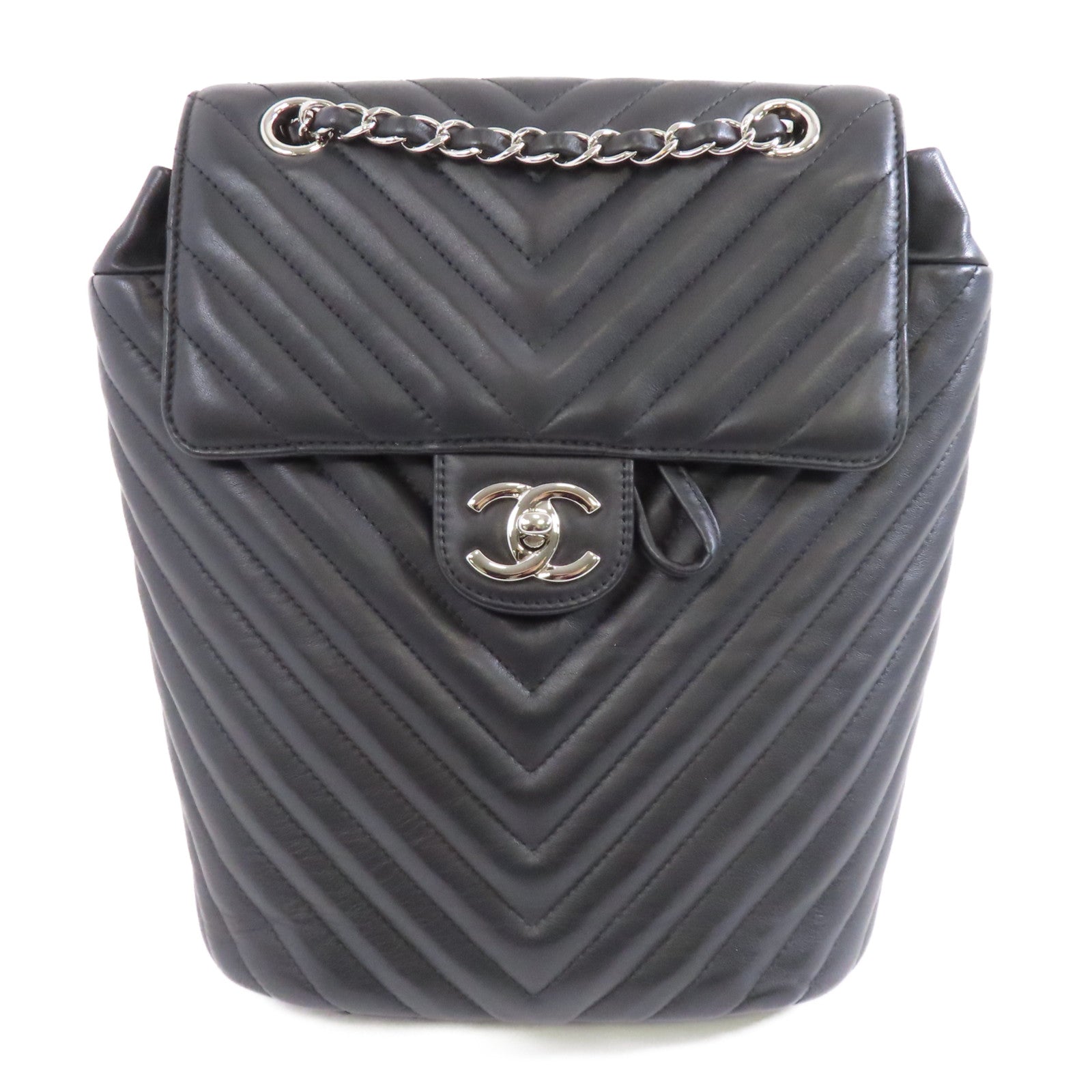 CHANEL 斜紋牛皮皮革Backpack銀扣背包