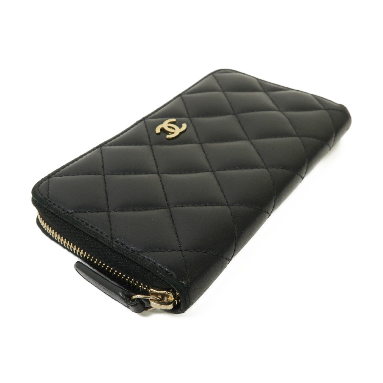 CHANEL 菱格羊皮皮革Medium Zipped Wallet金扣中長錢包黑色
