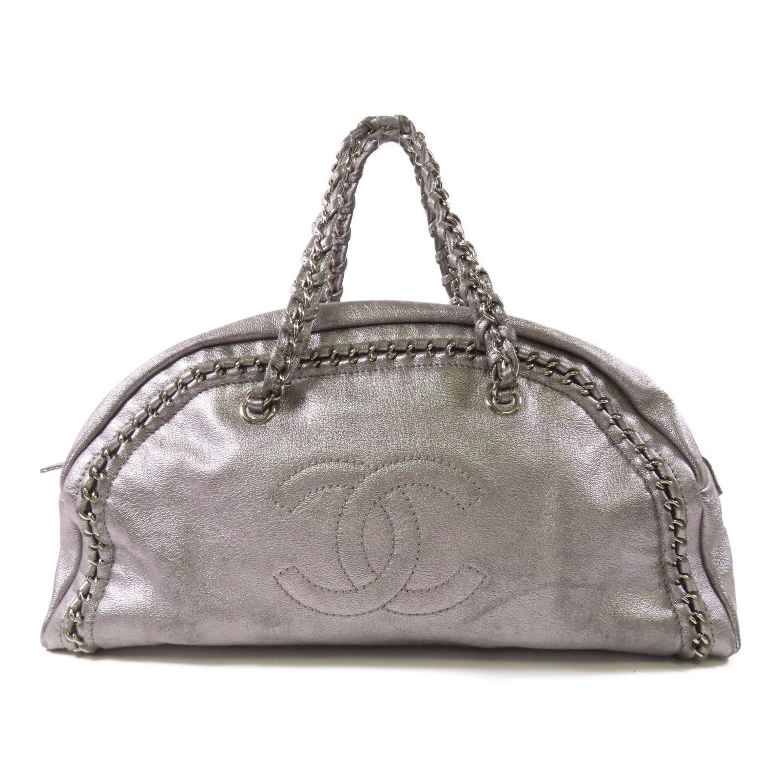 CHANEL CC SHW Hand Bag Calfskin Leather Sliver