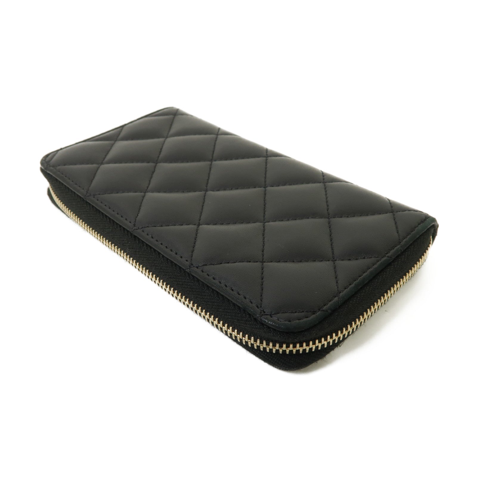 CHANEL 菱格羊皮皮革Medium Zipped Wallet金扣中長錢包黑色