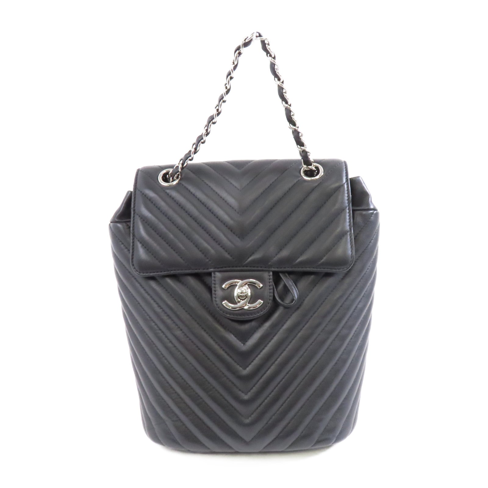 CHANEL 斜紋牛皮皮革Backpack銀扣背包