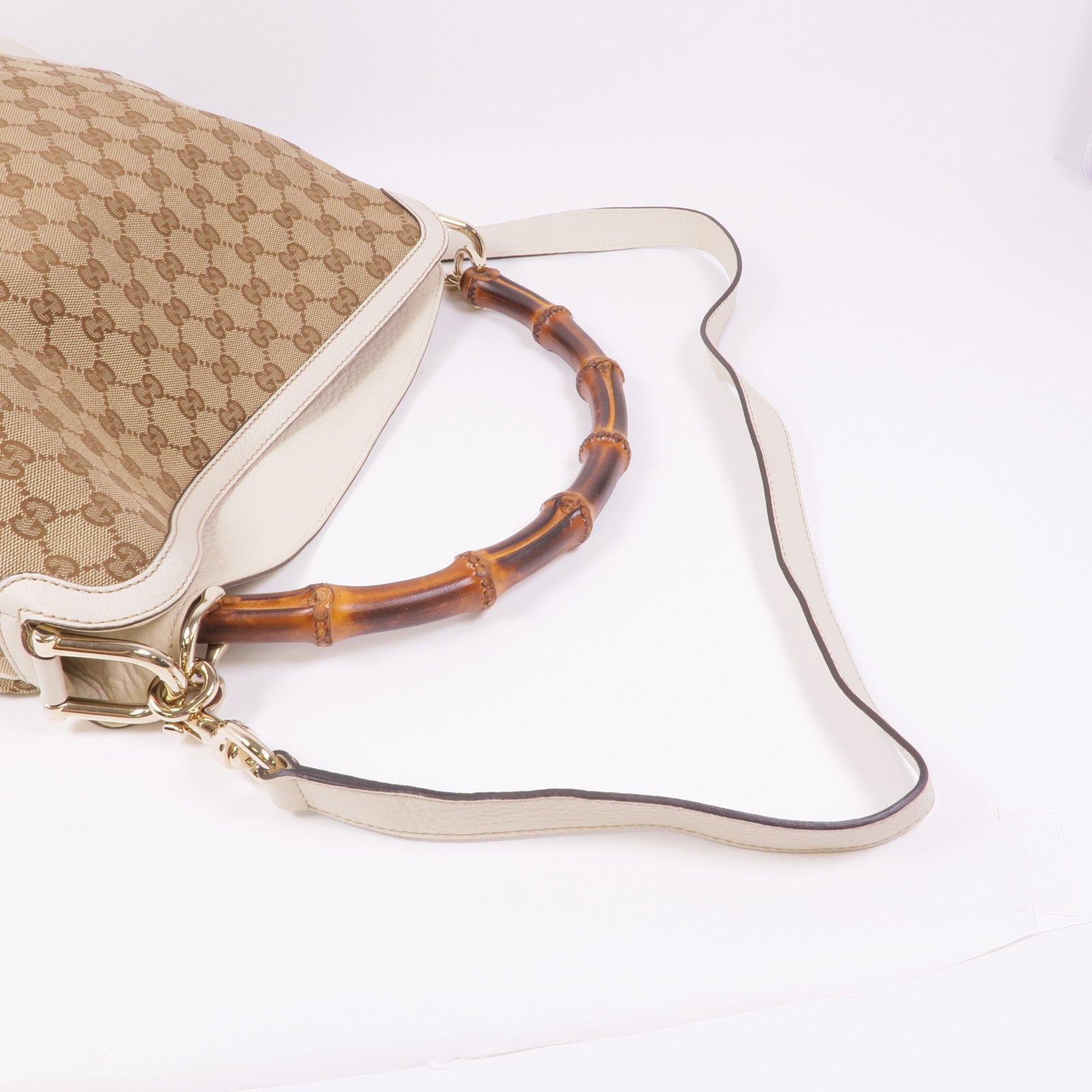 GUCCI 帆布/皮革Diana Bamboo GG Canvas金扣手挽肩背兩用袋