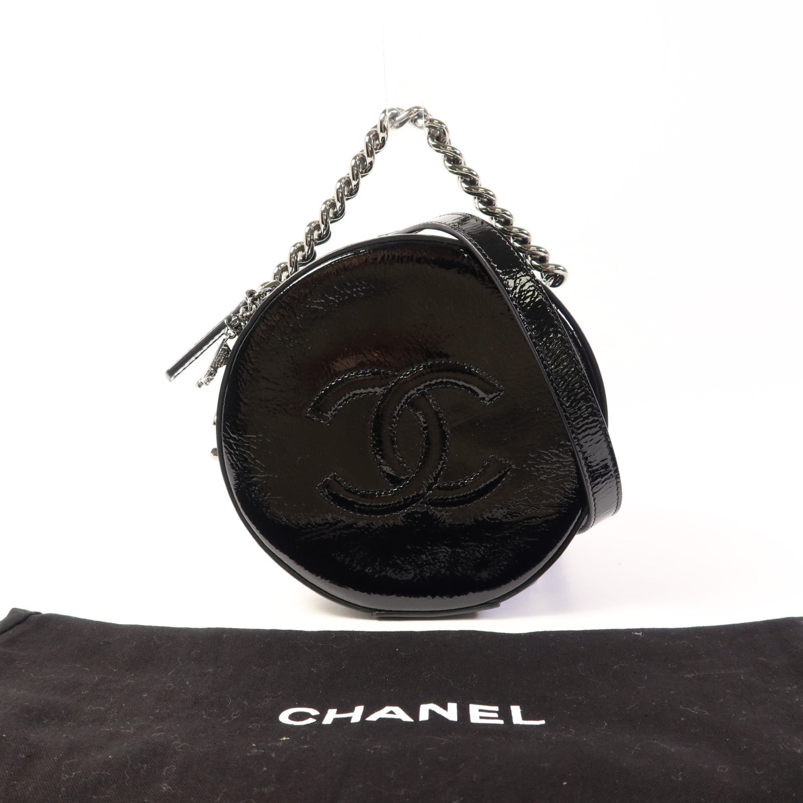CHANEL 漆皮皮革Chain Shoulder Bag銀扣手挽肩背兩用袋
