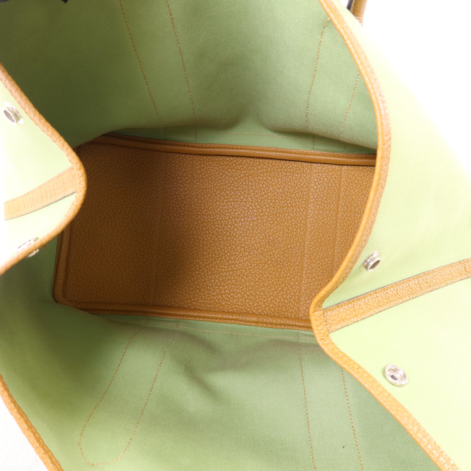 HERMES Negonda皮革/帆布Garden Party PM銀扣手挽袋Vert Criquet/Ocre