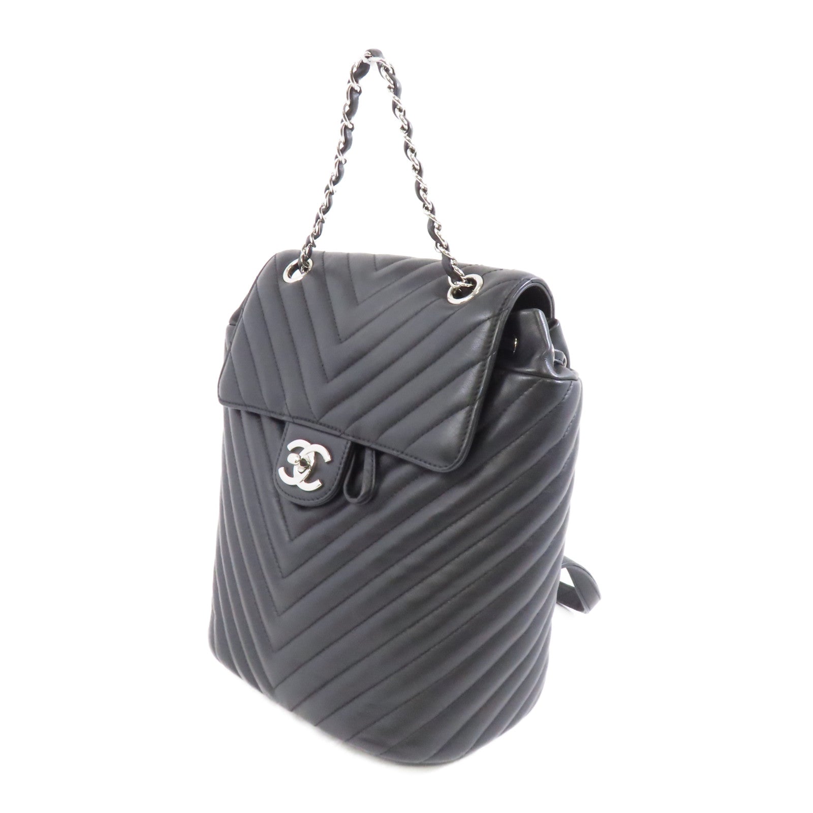CHANEL 斜紋牛皮皮革Backpack銀扣背包