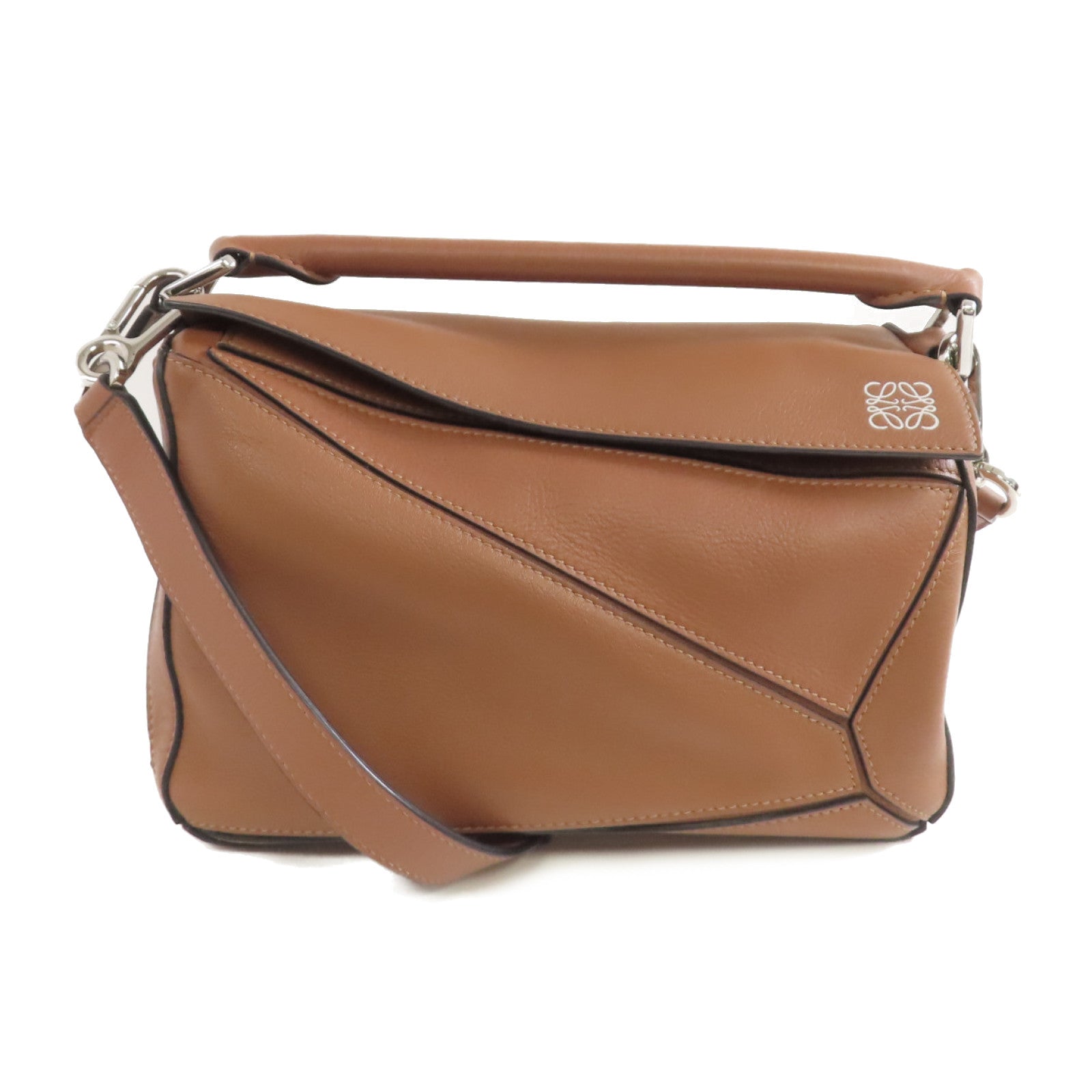 LOEWE 牛皮皮革Small Puzzle Bag銀扣手挽肩背兩用袋啡色