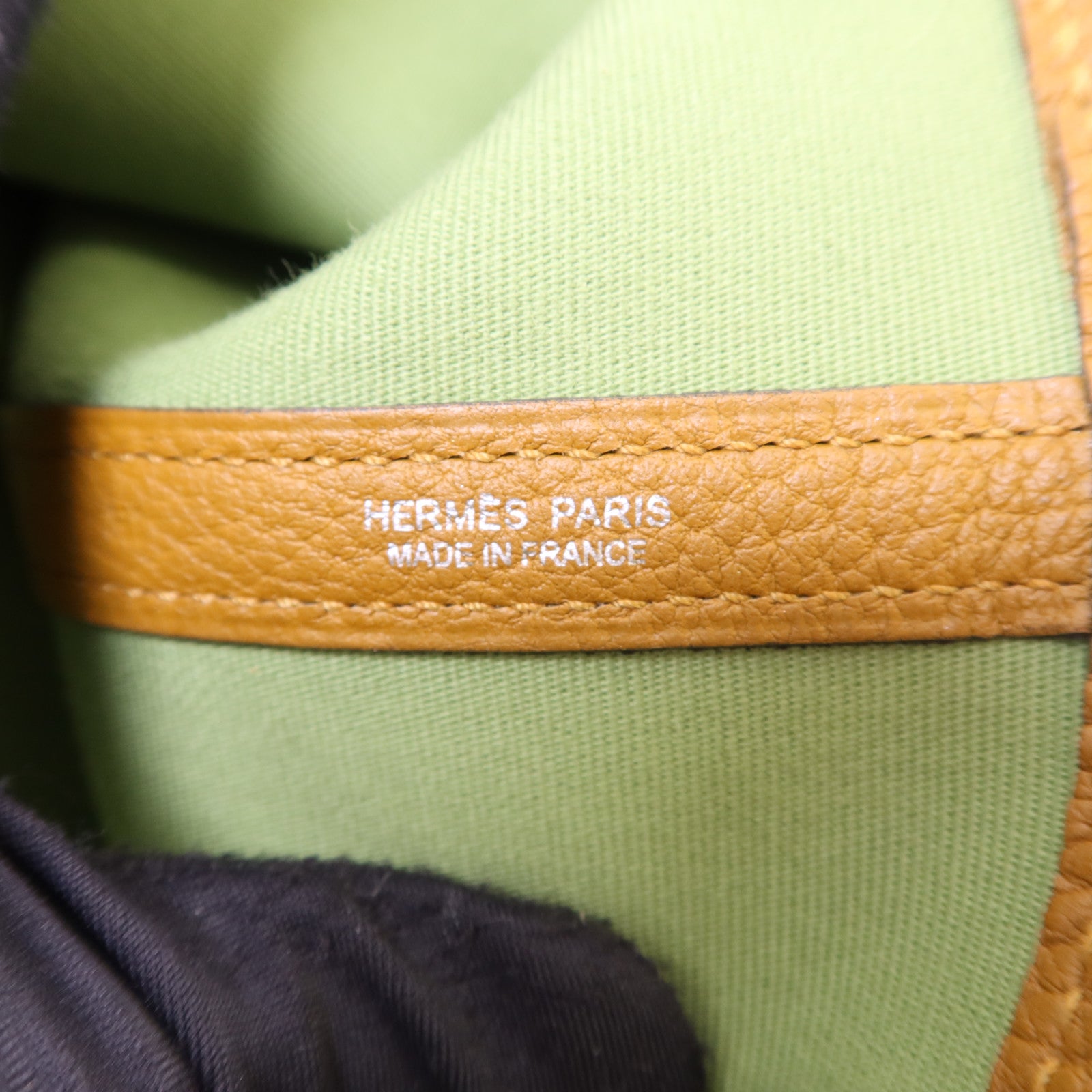HERMES Negonda皮革/帆布Garden Party PM銀扣手挽袋Vert Criquet/Ocre