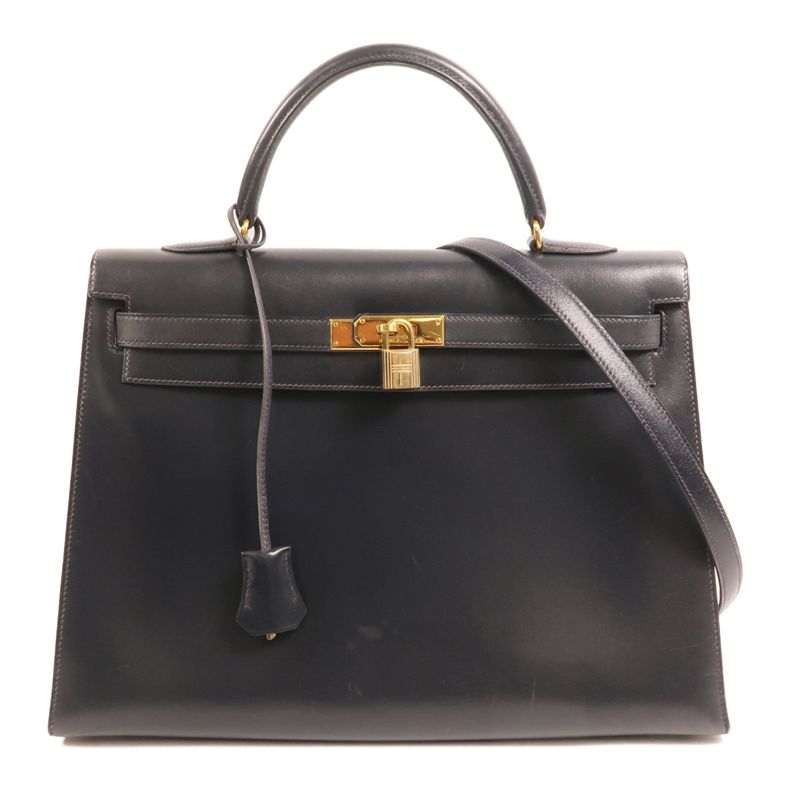 HERMES Box Calf皮革Kelly 35金扣手挽肩背兩用袋Noir