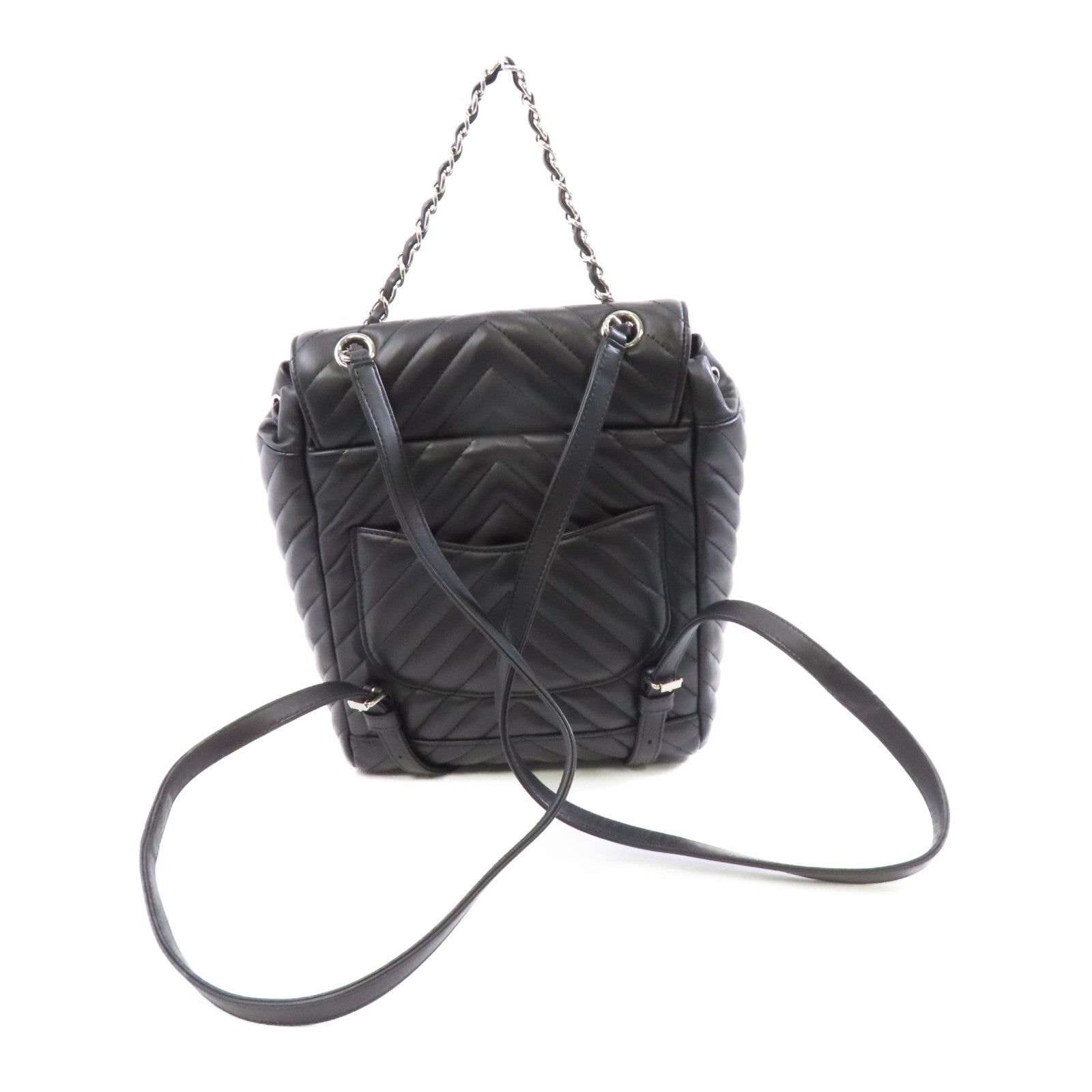 CHANEL 斜紋牛皮皮革Backpack銀扣背包