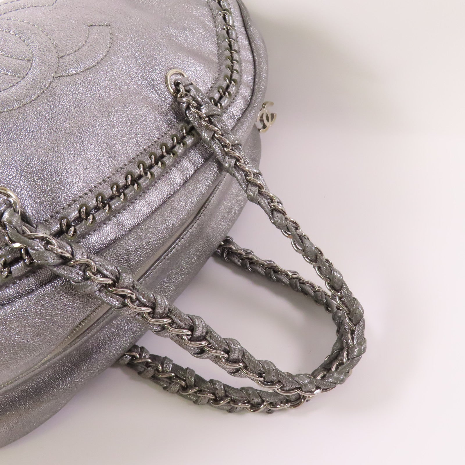 CHANEL CC SHW Hand Bag Calfskin Leather Sliver